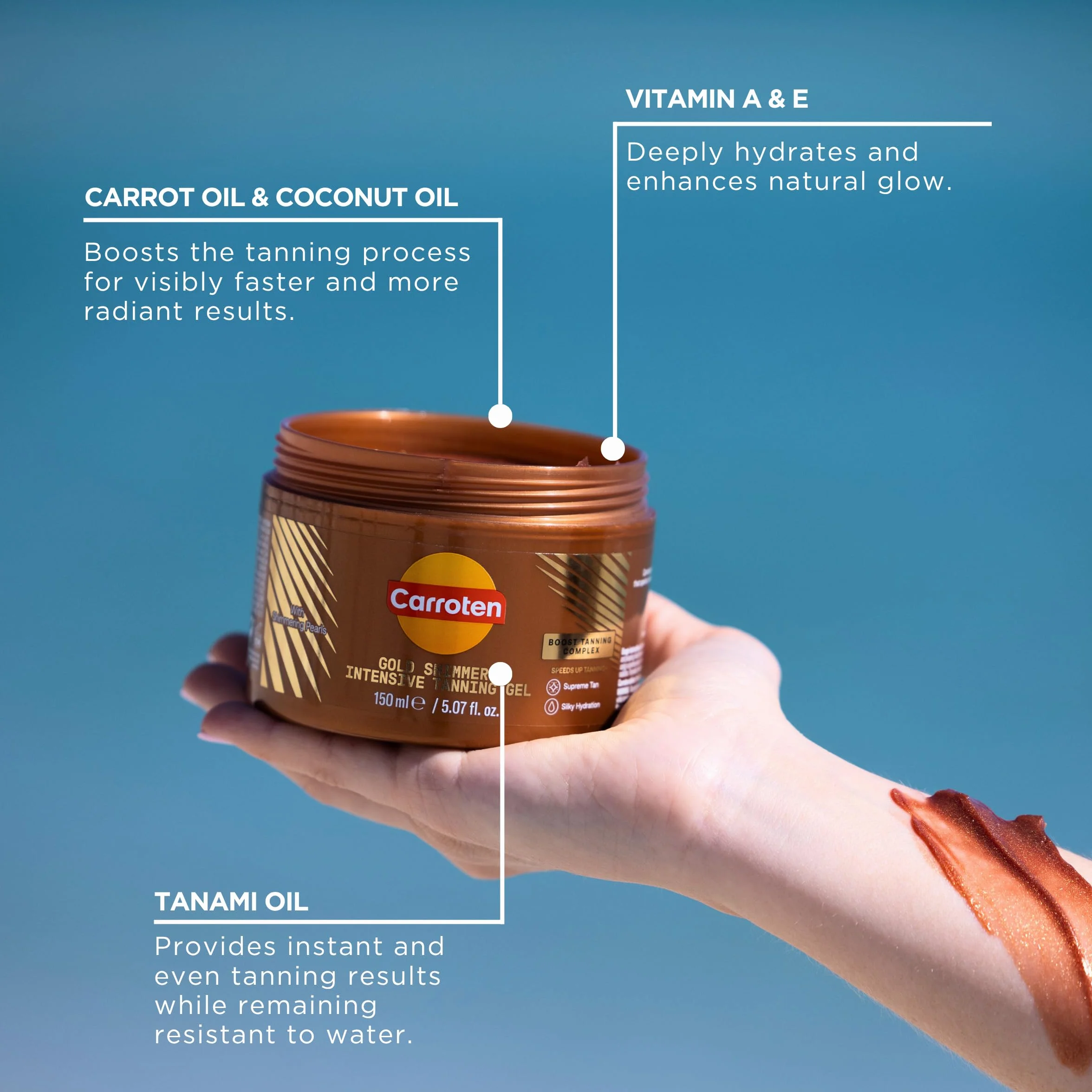 Carroten Gold Tanning Gel 150 ml Acceleratore di abbronzatura con perle scintillanti