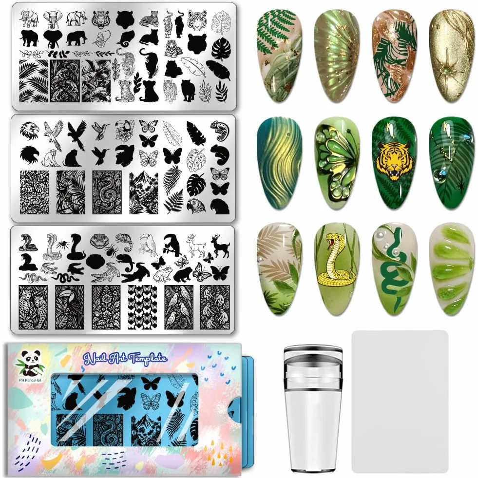 PH PandaHall 3 pezzi per unghie con animali selvatici, per nail art, template di tigre, elefanti, nail art, farfalle, serpenti, piastre per unghie per donne, fai da te, manicure e saloni