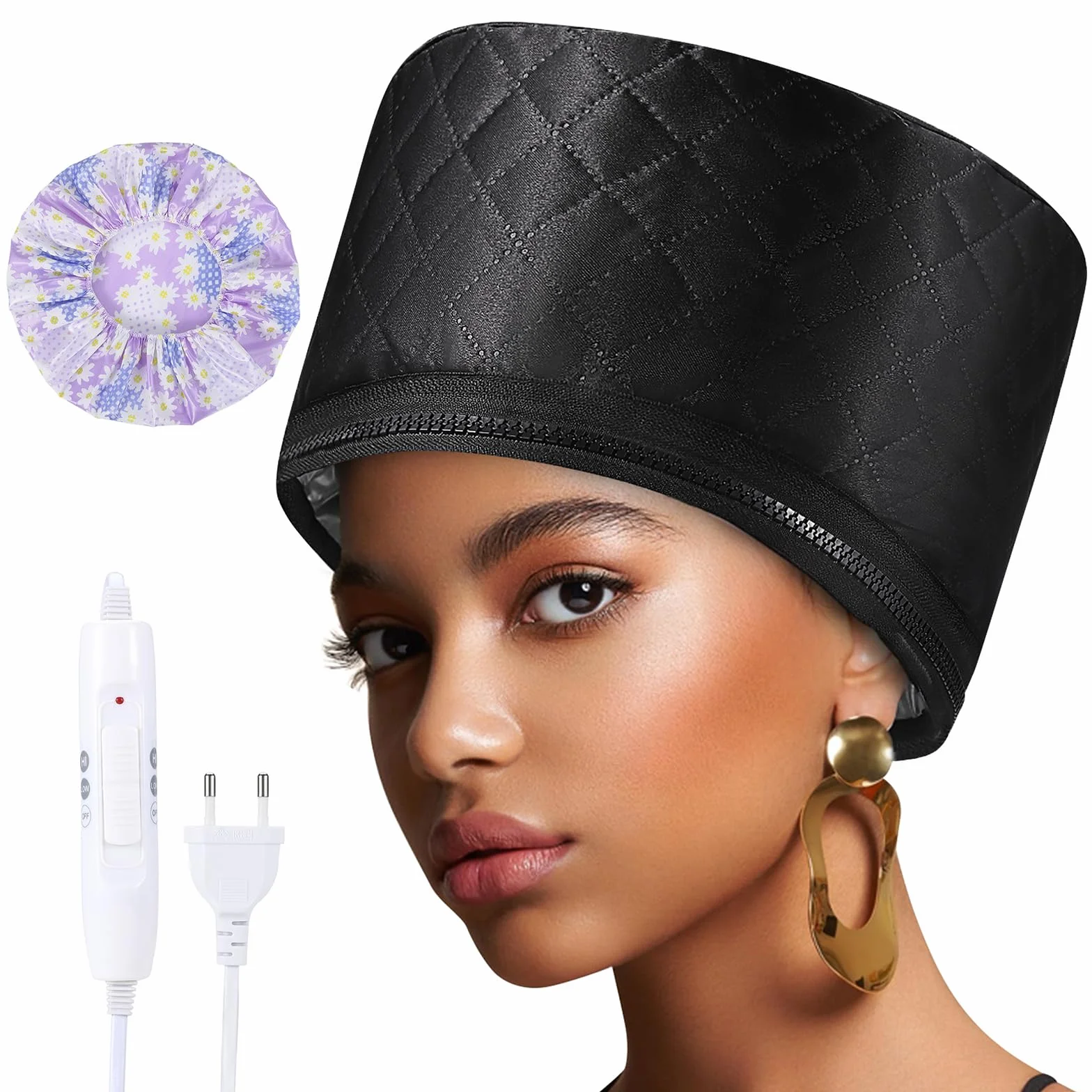 Cappello termico per trattamenti di profondità, cuffia a vapore per maschere per capelli, cuffia riscaldante con 2 modalità di temperatura per spa, salone, casa - Nero