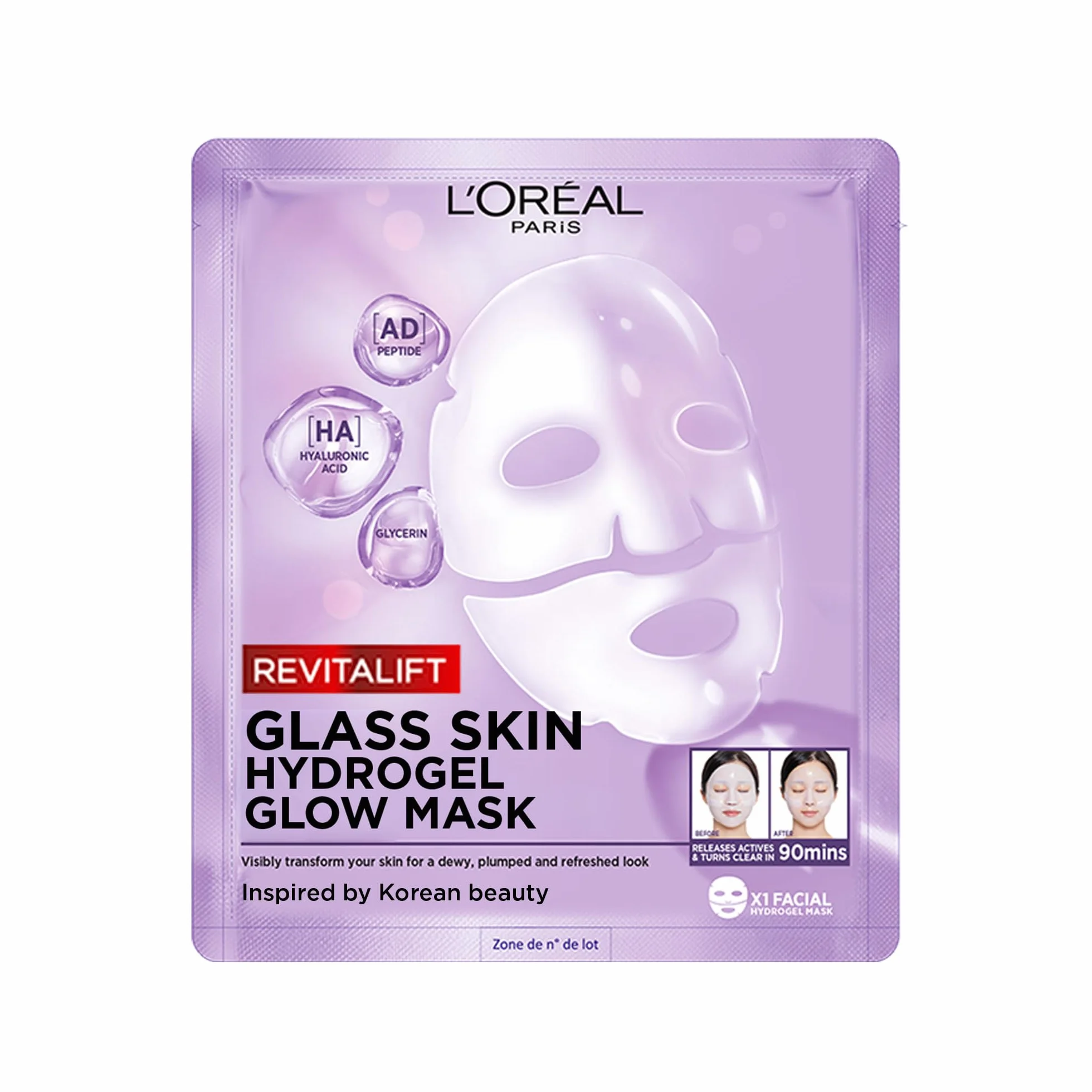 L'Oréal Paris Glass Skin Maschera in Idrogel, Per Tutti i Tipi di Pelle, Pelle Luminosa e Radiosa, Risultati Istantanei, Trend Coreana, Con Acido Ialuronico e Centella Asiatica, Revitalift, 1x37gr