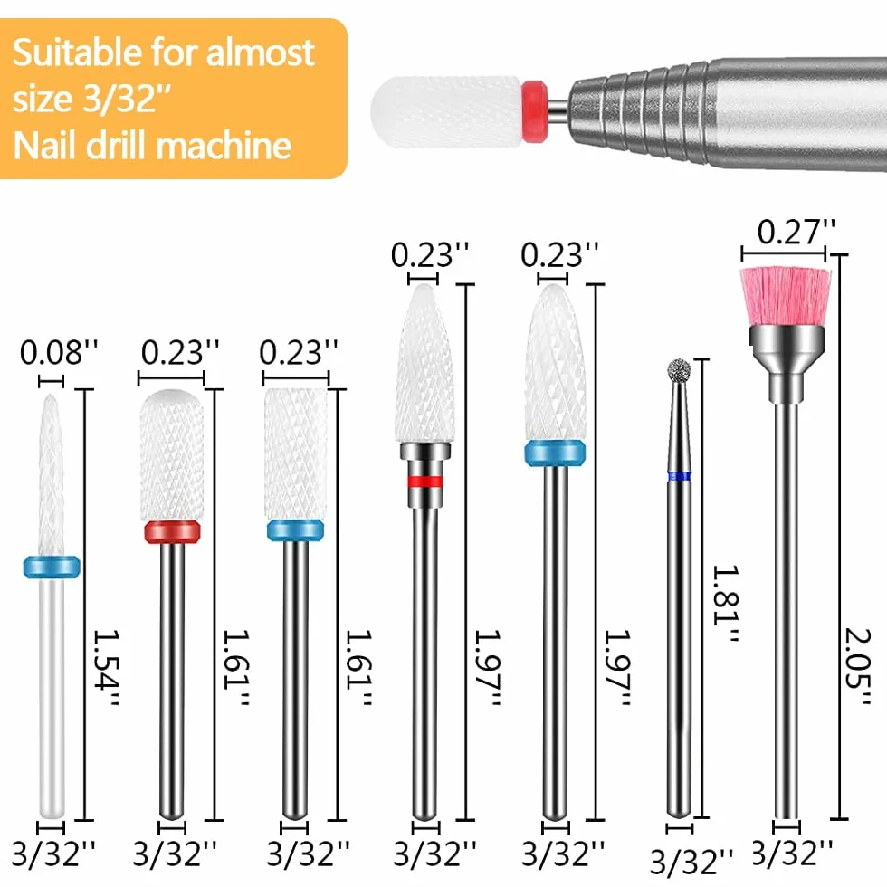 Punte Fresa Unghie Ceramica 7 pezzi Kit Punta da Trapano per Unghie Elettrica Professionale Strumenti Diamond Nail Drill