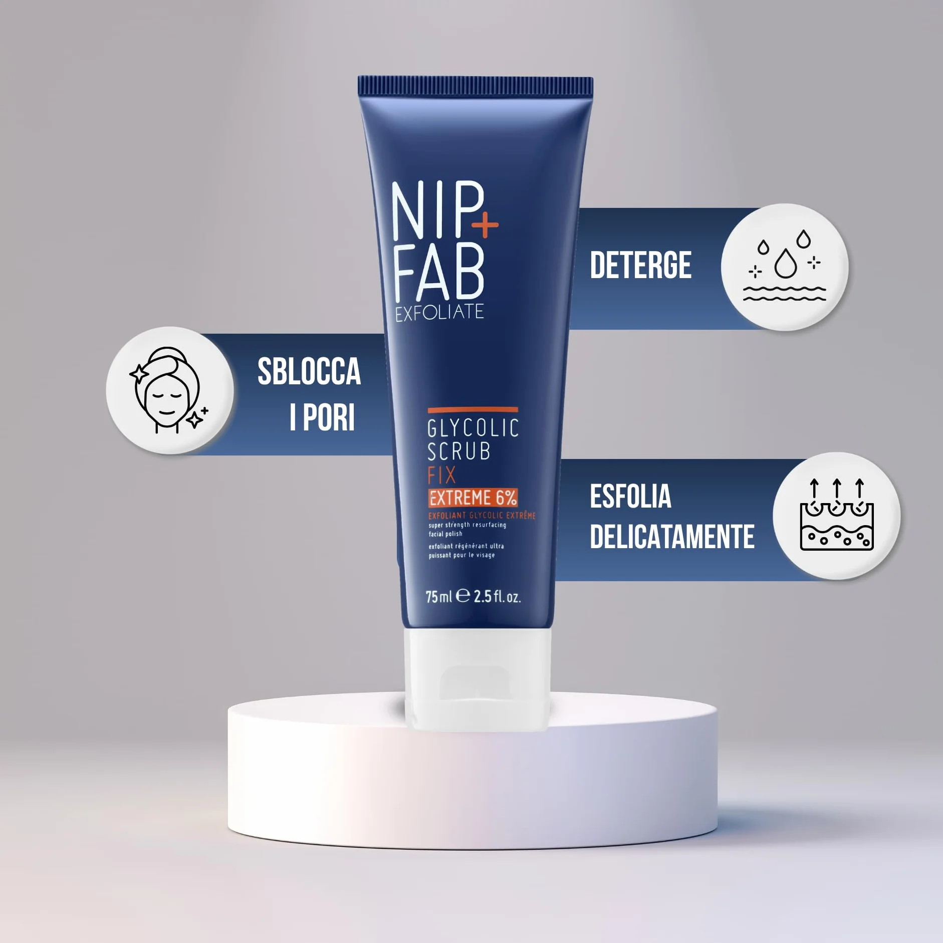 Nip + Fab Glycolic Fix Scrub Estremo – Peeling Viso con 6% Acido Glicolico – Peeling 3-in-1 AHA/BHA per Minimizzare i Pori e Levigare la Pelle, 75 ml