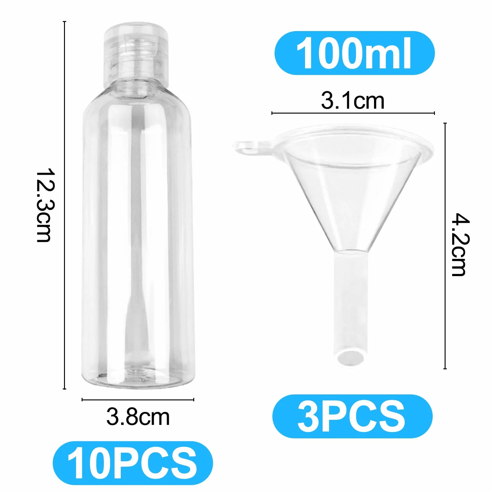 Newpop 10 Pezzi Flaconi da Viaggio 100 ml, Kit Contenitori Viaggio Liquidi, Boccette da Viaggio con 3 Piccoli Imbuti, Trasparente Bottiglie da Viaggio per Shampoo Creme Lozioni Liquide