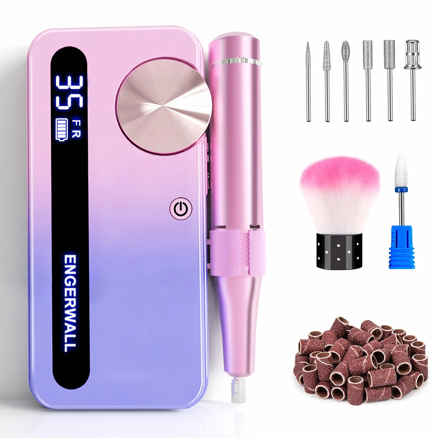 Fresa per Unghie Professionale 35000 Giri/min, Lima Elettrica Ricaricabile per Unghie Gel e Acrilico, Kit Manicure Pedicure Portatile Senza Fili con 7 Punte e 56 Nastri Abrasivi, Blu Rosa