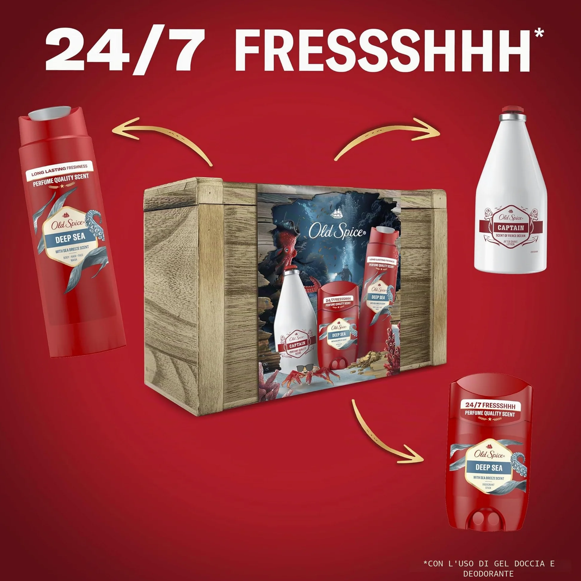 Old Spice Confezione regalo Treasure Chest, set regalo uomo, Deep Sea Deodorant Stick 50ml, deodorante spray 150ml, gel doccia 250ml e dopobarba Capitan 100ml