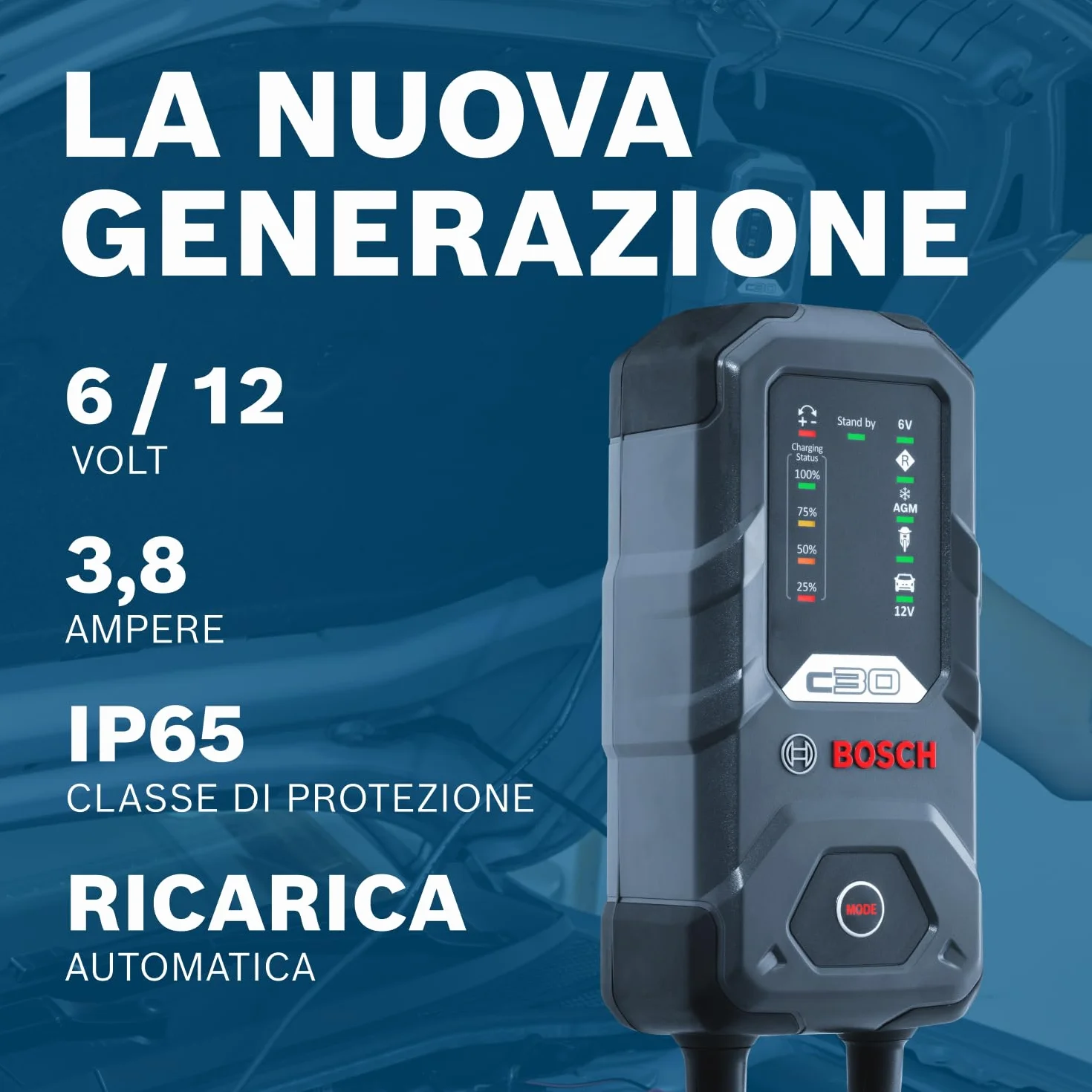 Bosch C30 Caricabatterie per Auto 6V 12V 3,8A Carica di Mantenimento per Batterie Piombo-Acido EFB GEL AGM SLI