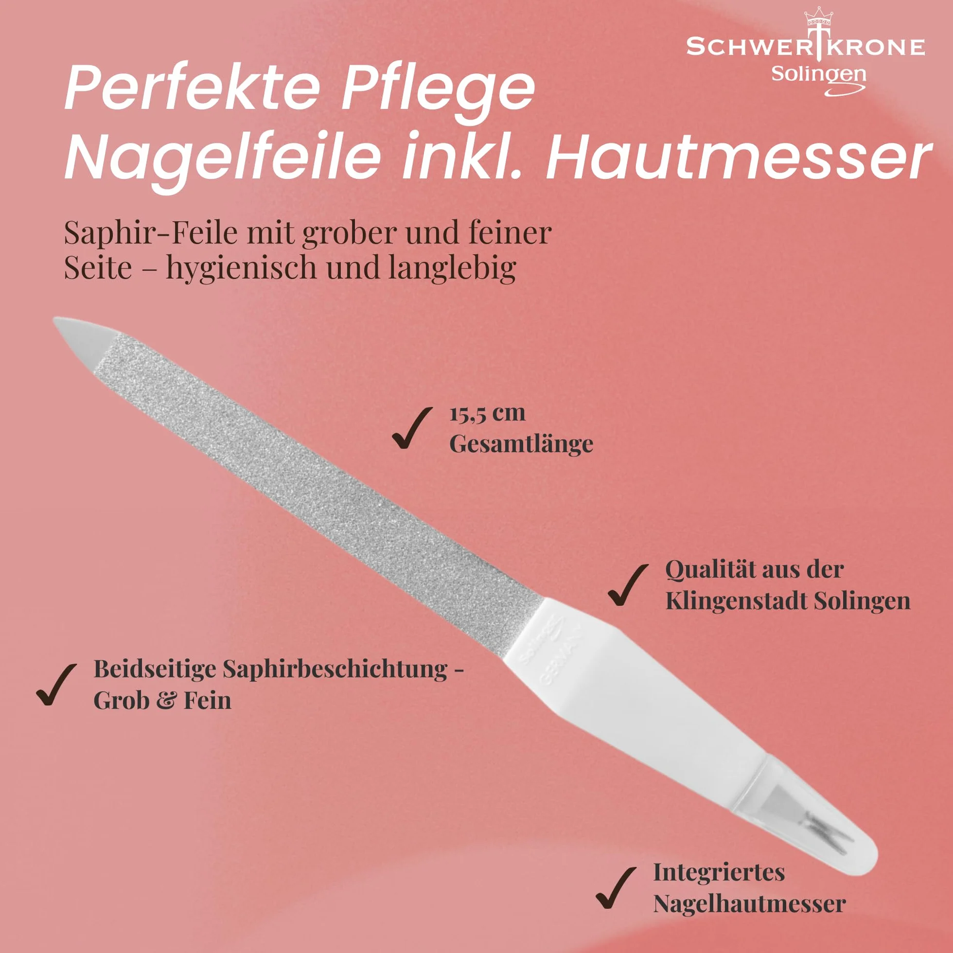SCHWERTKRONE ® Lima per unghie in zaffiro [Made in Solingen – Germania] con coltello per cuticole a V – Cut & File, tagliacapelli, 16 cm
