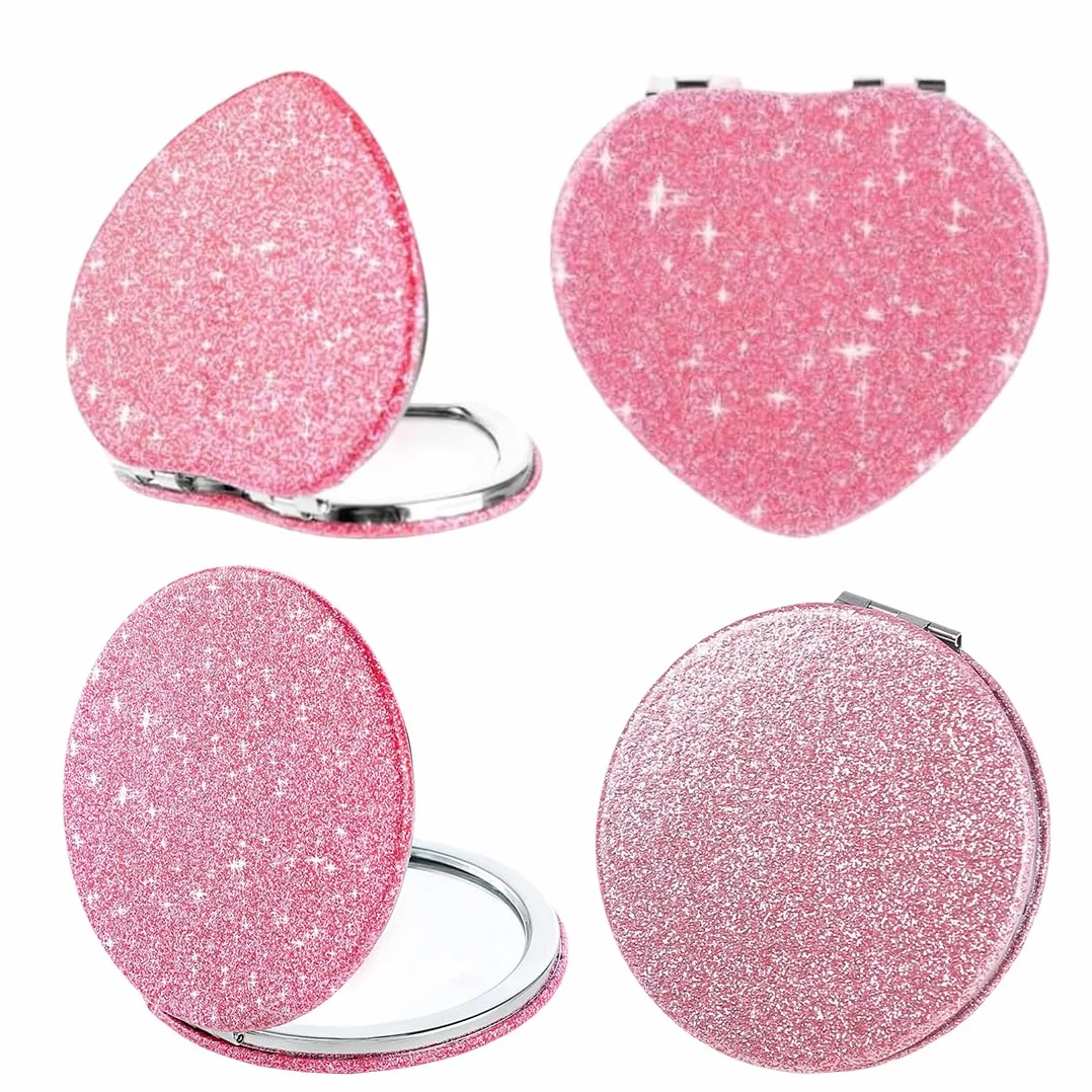 Specchietto da Borsetta Mini Glitter Specchio da Trucco Pieghevole Portatile 2 Lati 1x/2x Ingranditore Rosa