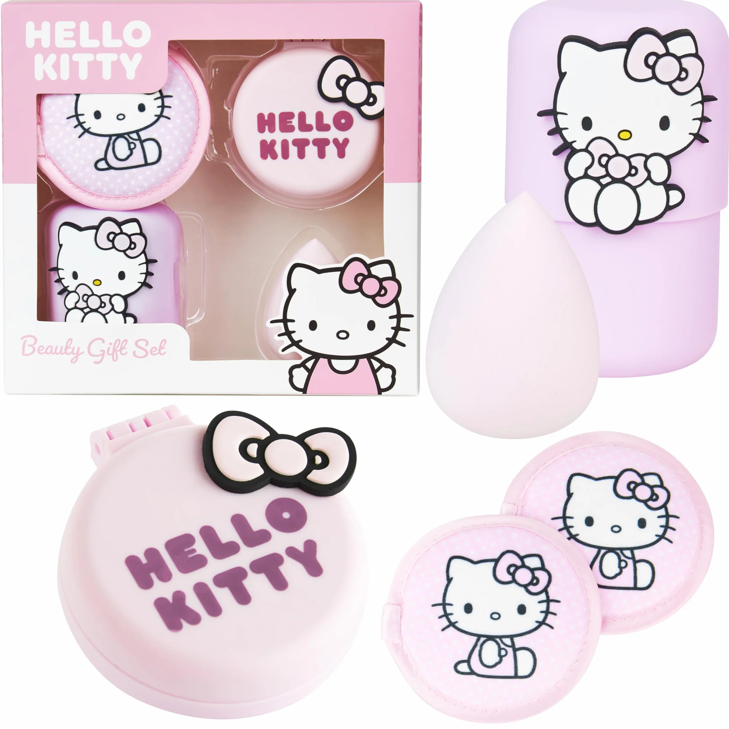 Hello Kitty Sanrio Set Beauty Ragazza, Mini Spazzola Capelli con Specchio, Spugnetta Trucco, Lavabile Dischetti Struccanti, Regali per Lei