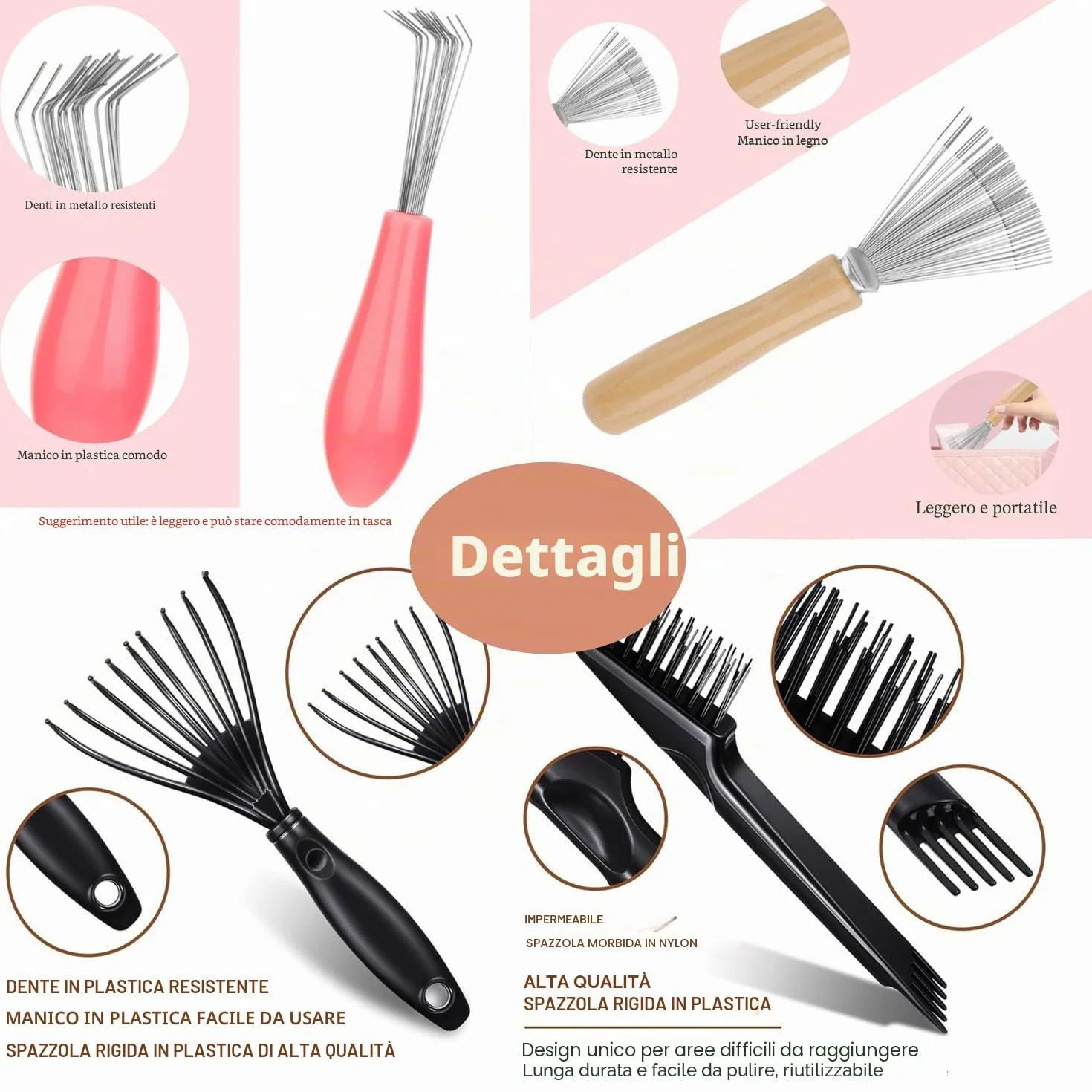 Spazzola per Capelli Pettine di Pulizia 4 Pezzi Mini Strumento Rimuovere Capelli Polvere Sporco