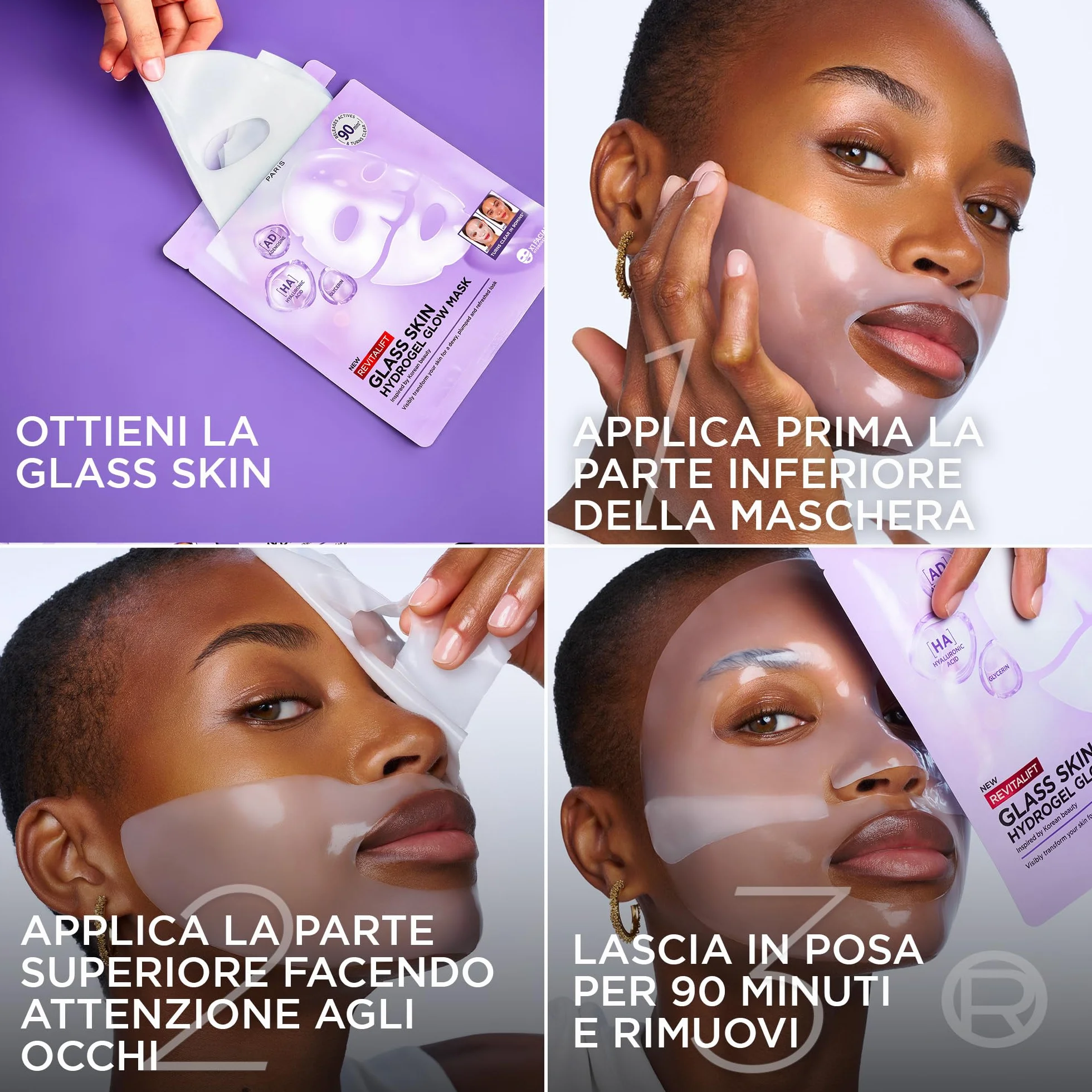 L'Oréal Paris Glass Skin Maschera in Idrogel, Per Tutti i Tipi di Pelle, Pelle Luminosa e Radiosa, Risultati Istantanei, Trend Coreana, Con Acido Ialuronico e Centella Asiatica, Revitalift, 1x37gr
