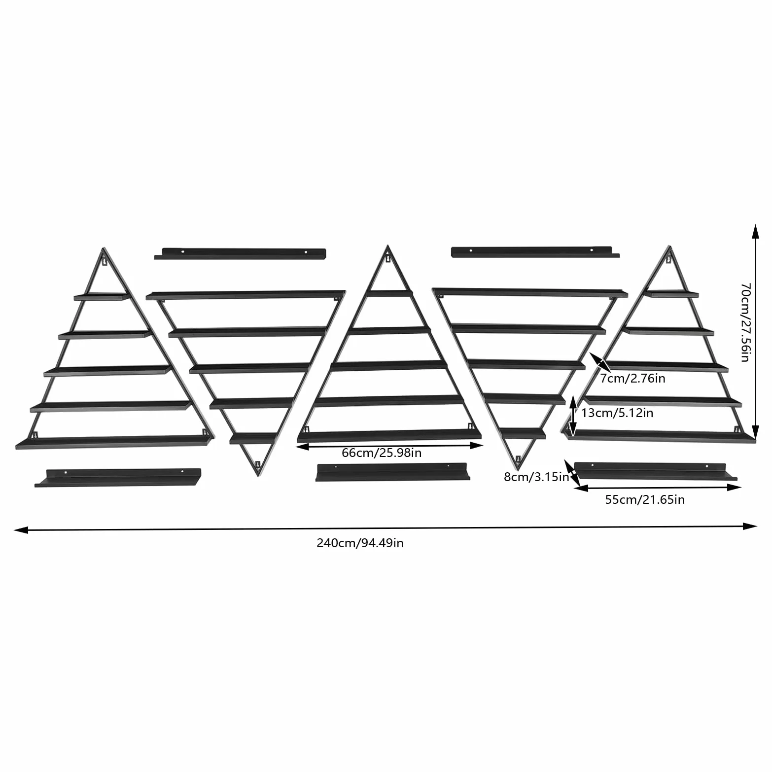 OUKANING Espositore per smalti, 10 pezzi, triangolare, in ferro, montaggio a parete | Mensole da parete salvaspazio per saloni di bellezza. 5 ripiani triangolari + 5 barre trasversali, portata 10 kg per scaffale
