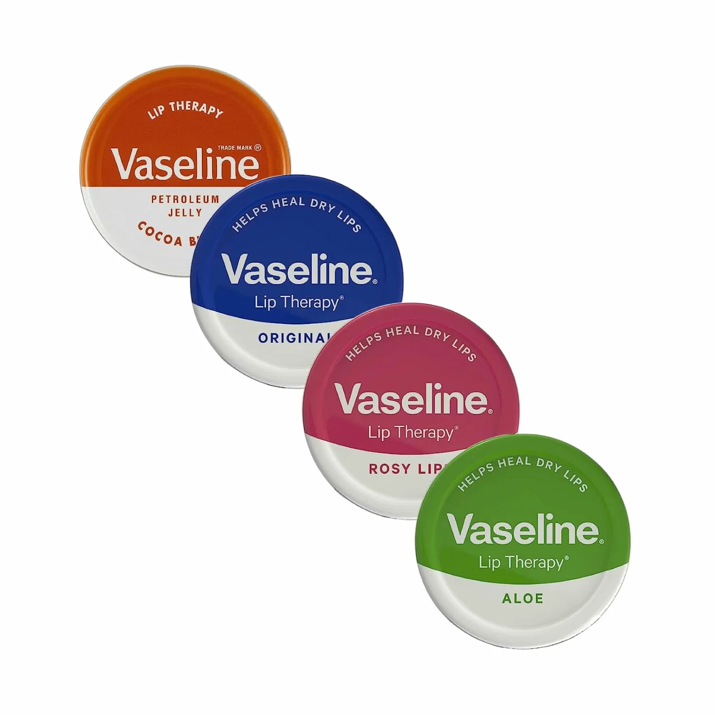 Vaseline Balsamo per labbra - Petroleum Jelly - Lip Therapy - Originale, burro di cocco, alo vera e rosata, latta da 20 g - lenisce le labbra secche - confezione da 4