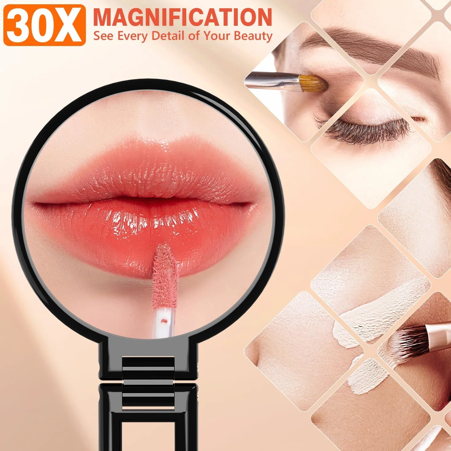 Auxmir Specchio Ingranditore Bifacciale 30X/1X, Specchio a Mano 14CM, Alta Definizione, Portatile, Pieghevole, Appendibile, Specchio Trucco da Viaggio per Trucco, Cura del Viso, Nero