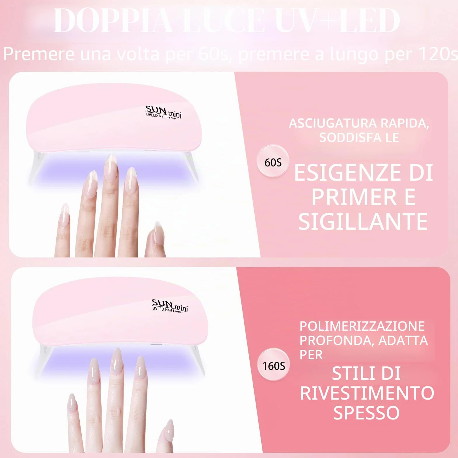 Pavlleen Mini Lampada UV LED per Unghie, Asciuga Unghie con Cavo USB, Petit Asciuga Gel Portatile Pieghevole con Timer da 60 e 120 Secondi per Salone per Unghie, Casa, Viaggi (Rosa)