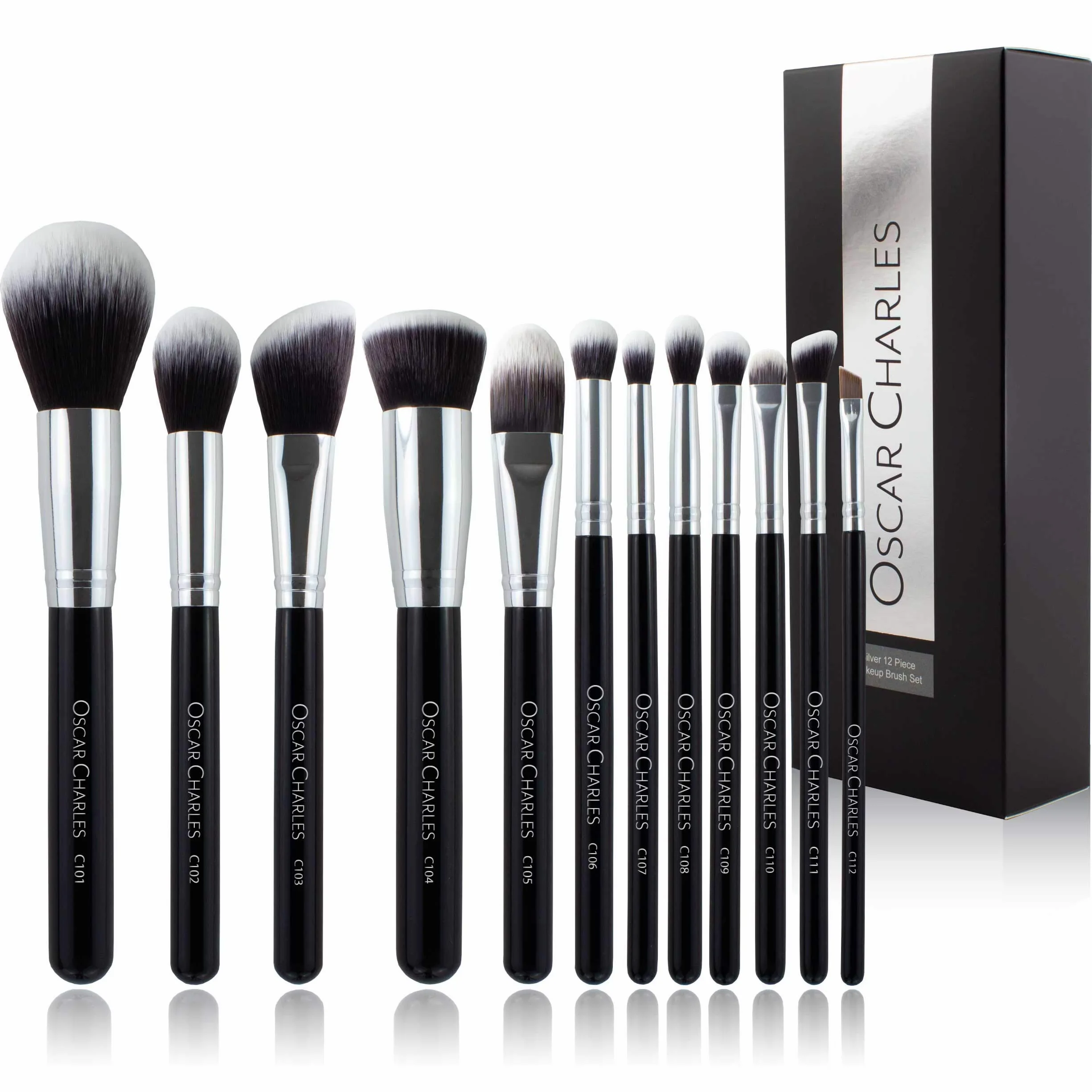 Set Pennelli Make up Oscar Charles, set di pennelli per trucco professionale da 12 pezzi, sei pennelli per trucco per il viso e set di sei pennelli per trucco per gli occhi (argento)