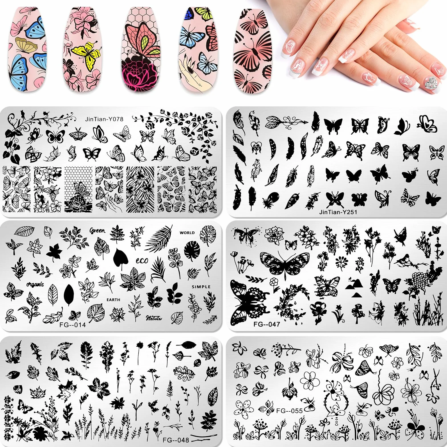 JSRQT 6 Pezzi Piastre per Nail Art, Farfalla Fiore Piuma Foglie Set di Nail Art Stamping Stampini, Piastre per Nail Art in Metallo, Modelli di Stencil per Unghie per Donne Manicure Art Fai da Te