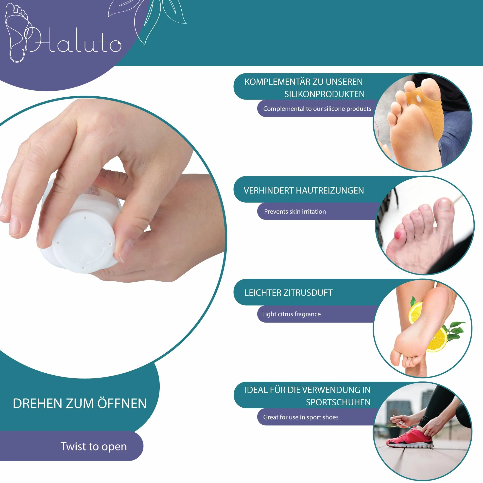HALUTO Antibatterico Polvere Piedi - Talco Profumato - Elimina l'odore di Scarpe e Piedi - Naturale - Assorbono l'umidità - per Scarpe Sportive, da Lavoro e da Ginnastica