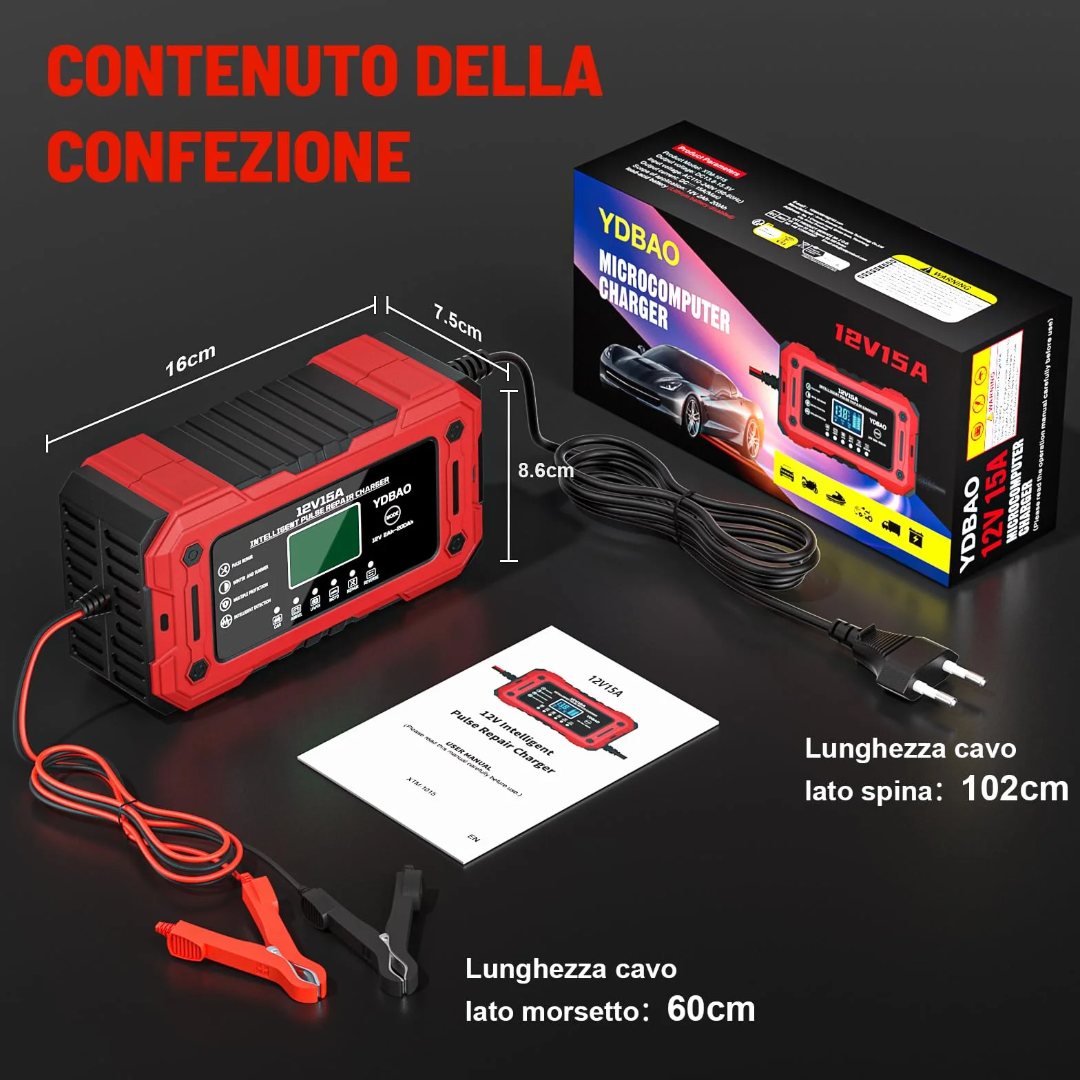 Caricabatteria per Auto 12V 15A Intelligente Automatico con Display LCD Compensazione Temperatura per Moto Auto Batteria AGM Barche