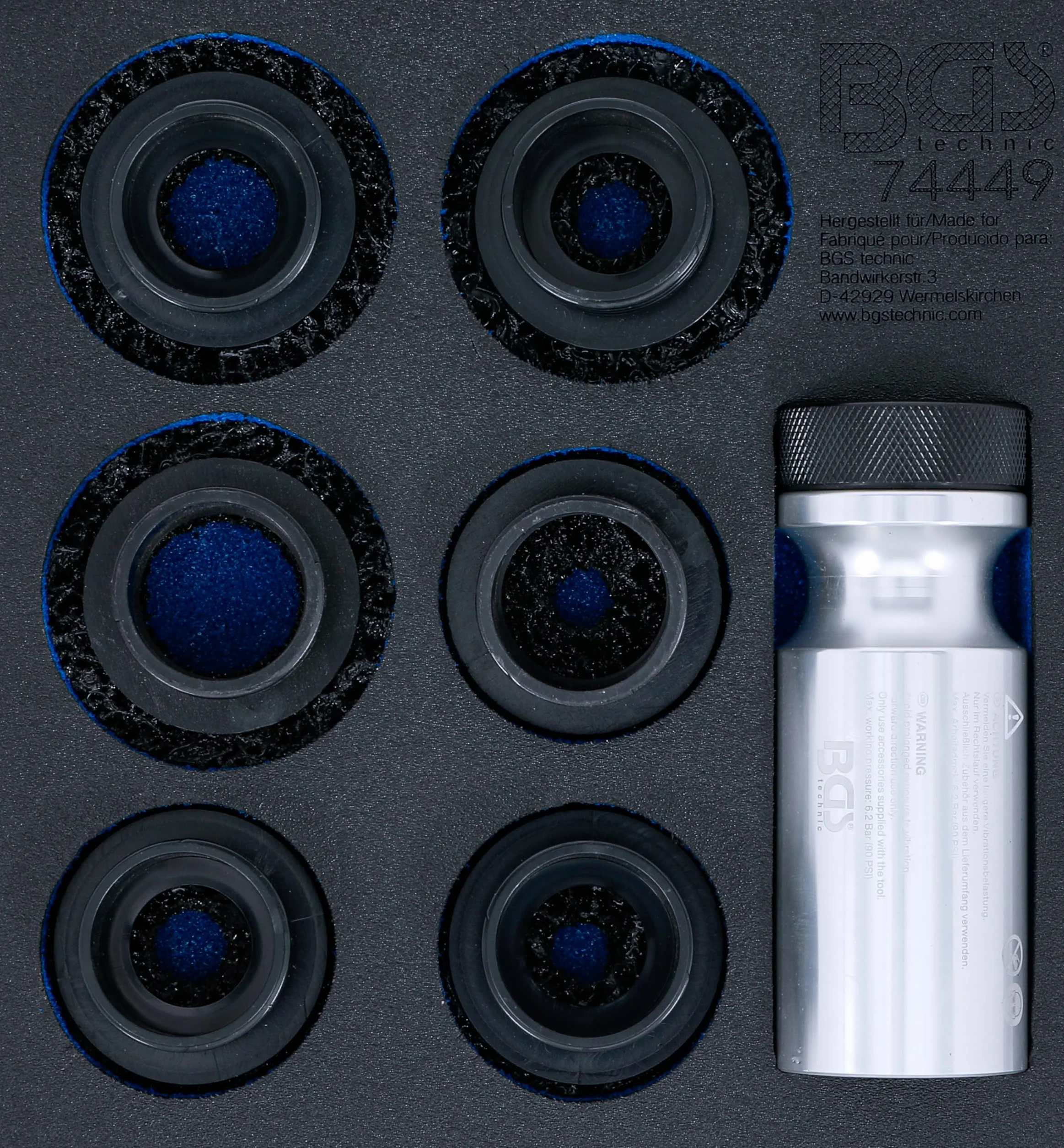 BGS 74449 | Modulo per carrelli portautensili 1/6: kit smerigliatrice mozzo ruota | per prigionieri e bulloni ruota | 7 pz.