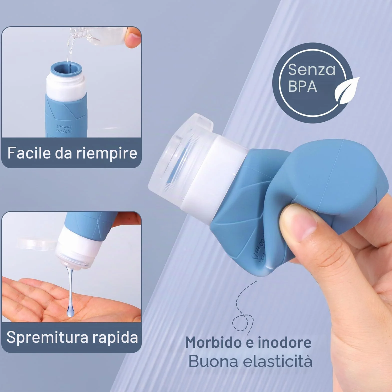FADVAN Set Contenitori da Viaggio per Liquidi - 4pcs Flaconi da Viaggio in Silicone 100 Ml - Boccette per Porta Profumo,Doccia Shampoo,Detersivo, Accessori Utili (Morandi)