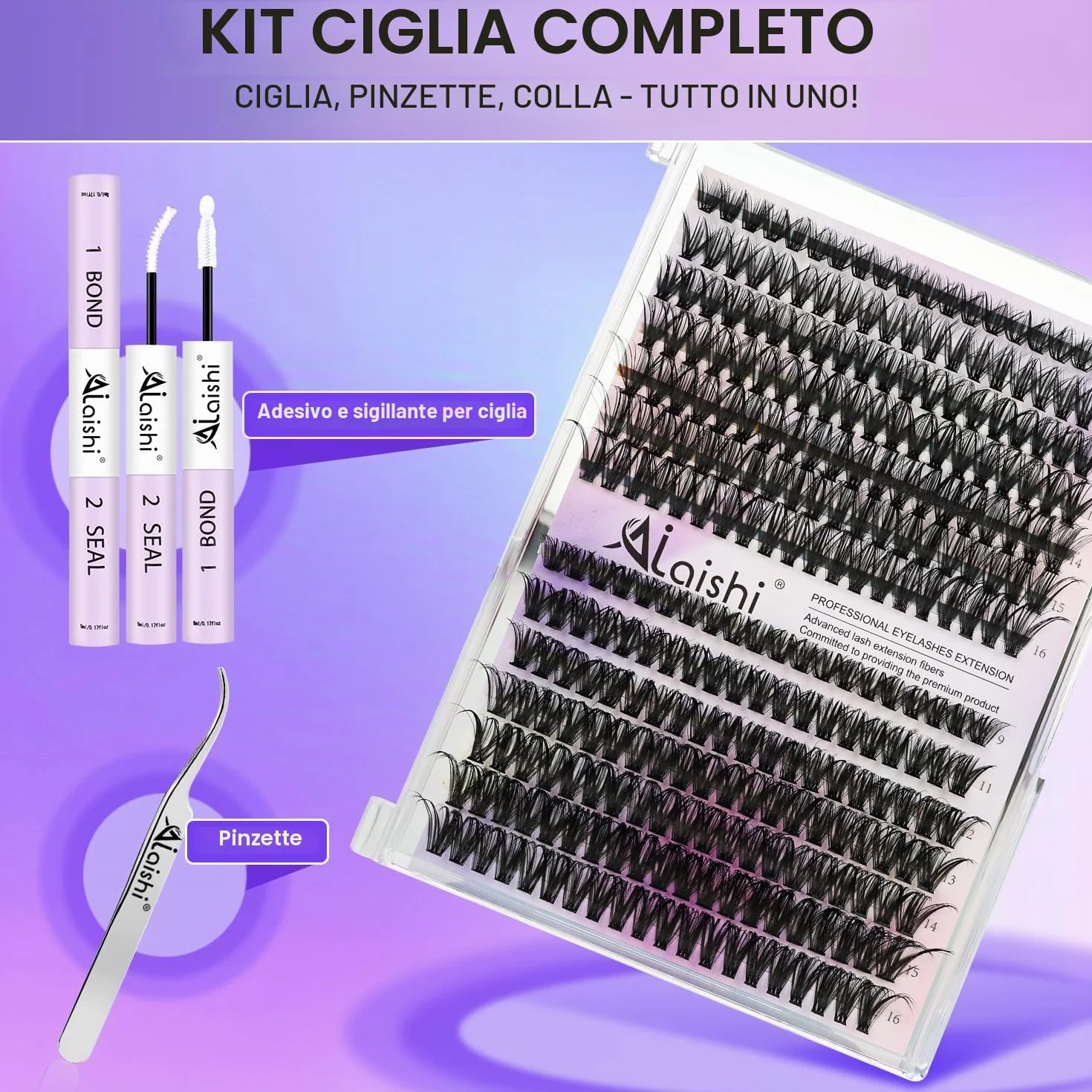 Ciuffetti Ciglia Finte Kit 280 Extension 9-16mm 40D+50D Lash Cluster z Bond and Seal Pinzette