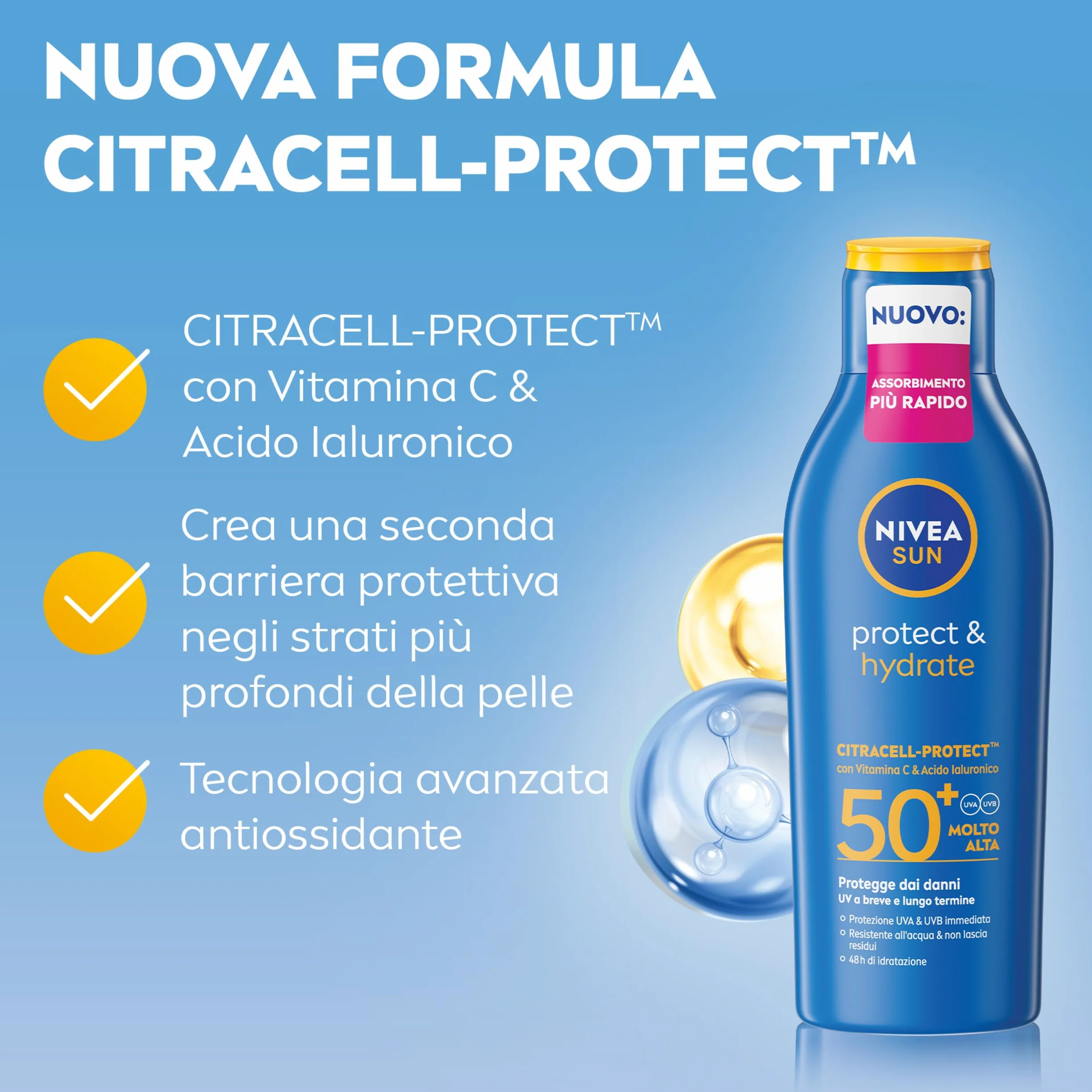 NIVEA SUN Protect & Hydrate SPF 50+ Crema Solare 200 ml Idratante 48h Resistente all'Acqua Vitamina C Acido Ialuronico