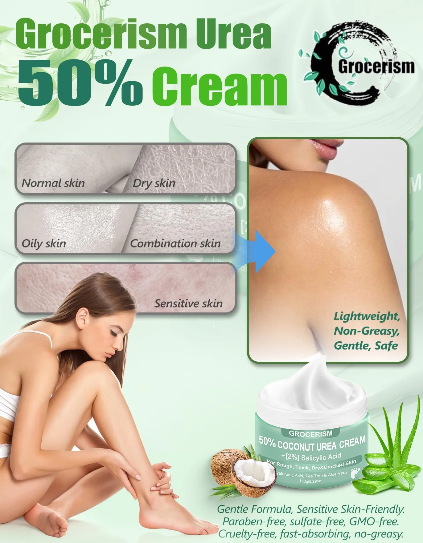 Crema Urea 50% per piedi Spessore massimo 150 grammi con cocco e 2% acido salicilico, crema piedi e mani con acido ialuronico, tea tree e aloe vera per umidificazione profonda, calli