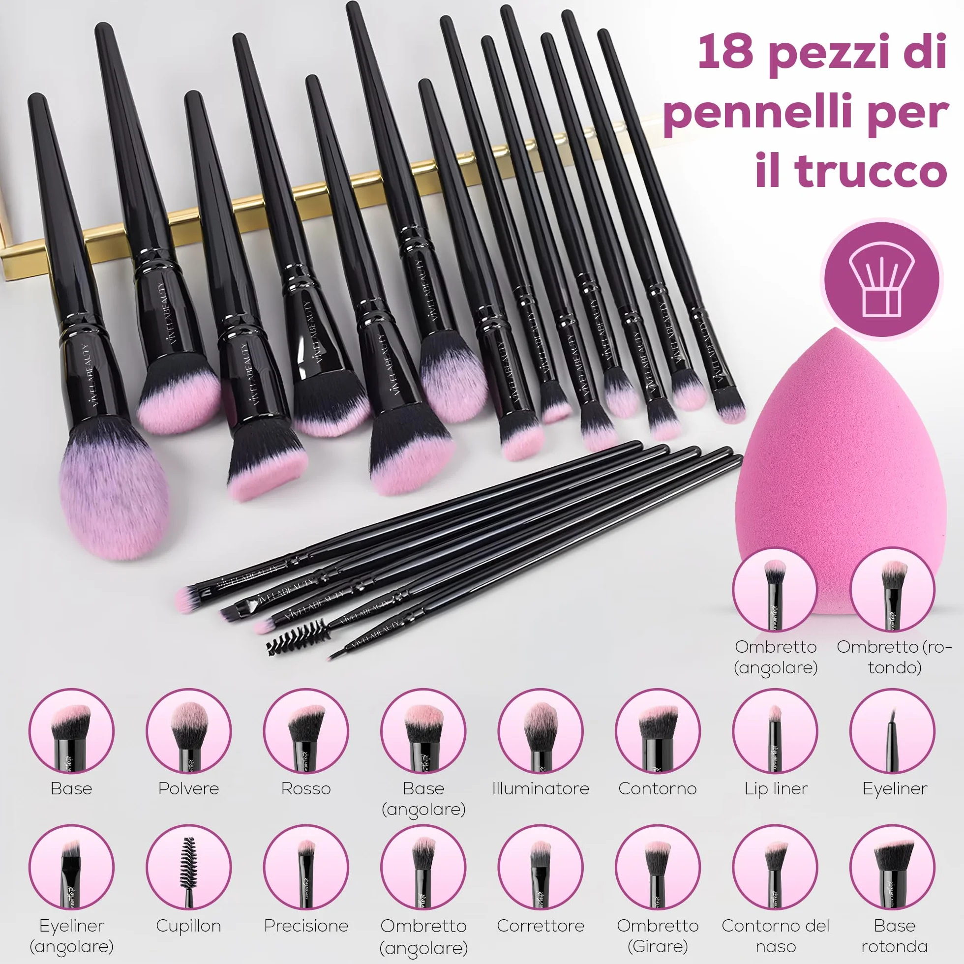 Set Pennelli Make Up 18 Premium synthetic pennello trucco, Kit professionali per fondazione cipria fard ombretto, Pennelli make up, Pennelli trucco make up, Ideale per regalo Compleanno San Valentino.
