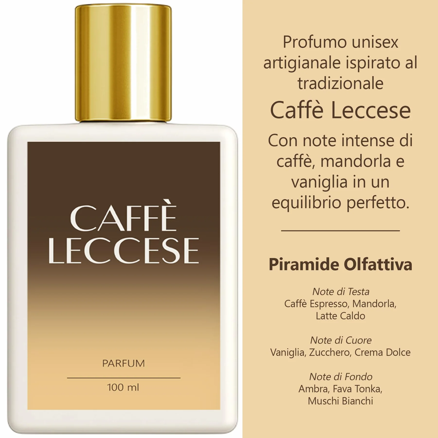 Profumo Caffè Leccese, Fragranza Unisex, Eau de Parfum, 100ML, Aroma Mandorla e Caffe, Made in Italy, Gold Collection, Il Signore dei Profumi, Caffè del Salento e Puglia