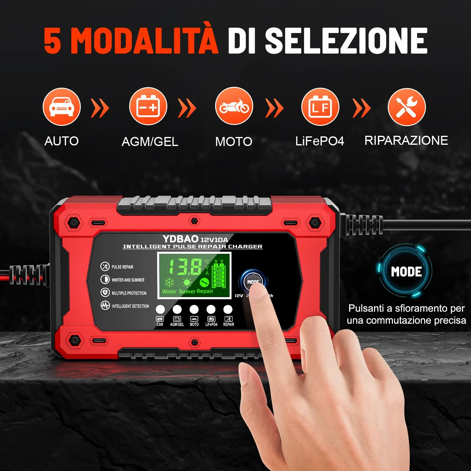 Caricabatterie Auto 10A 12V Multi Protezioni Intelligente Mantenitore con Schermo LCD per Moto Barche AGM LiFePO4