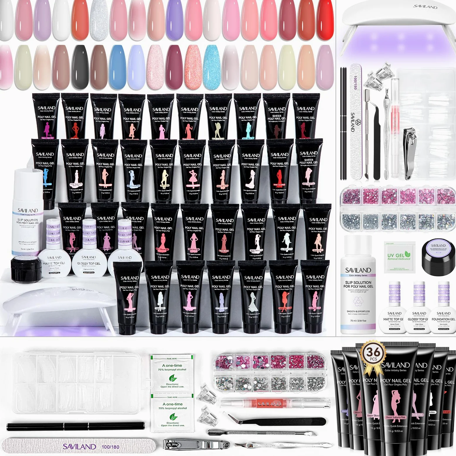 SAVILAND Polygel per Unghie Kit Completo: 36 Colori Gel Ricostruzione Unghie Set con Strumenti per Manicure Kit Base Coat Top Coat, Lampada U V, Slip Solution Unghie, Estensione Unghie Kit