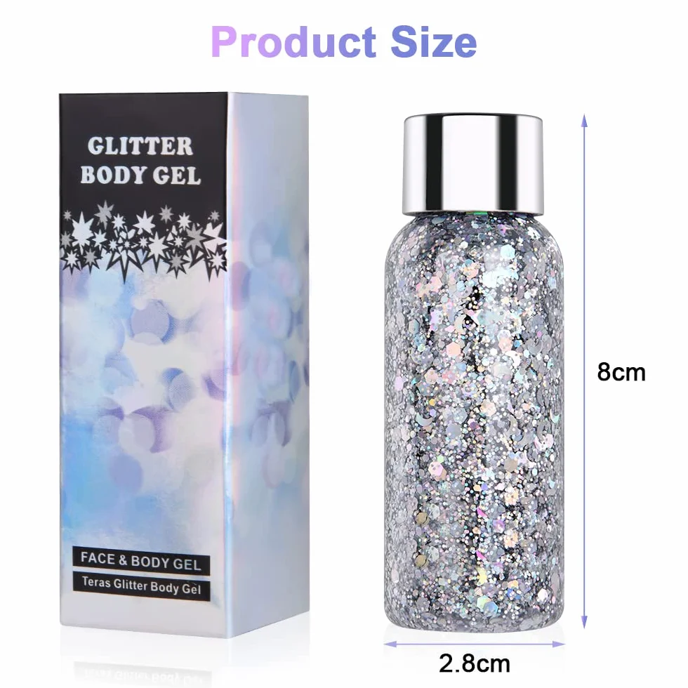 URAQT 1pcs Glitter Corpo e Viso per Unghie, Occhi, Labbra, Capelli - Gel Chunky per Musica, Festival, in Maschera(Argento)