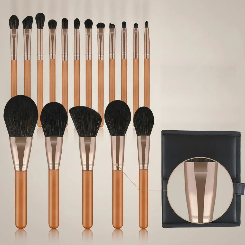 Set Pennelli Trucco 17 Pezzi, Manico, Fusto in metallo, Pennelli Trucco Oc, Sfumature, Per Estetiste, Set di 17 pennelli per trucco rosso acero con borsa pieghevole nera con coulisse