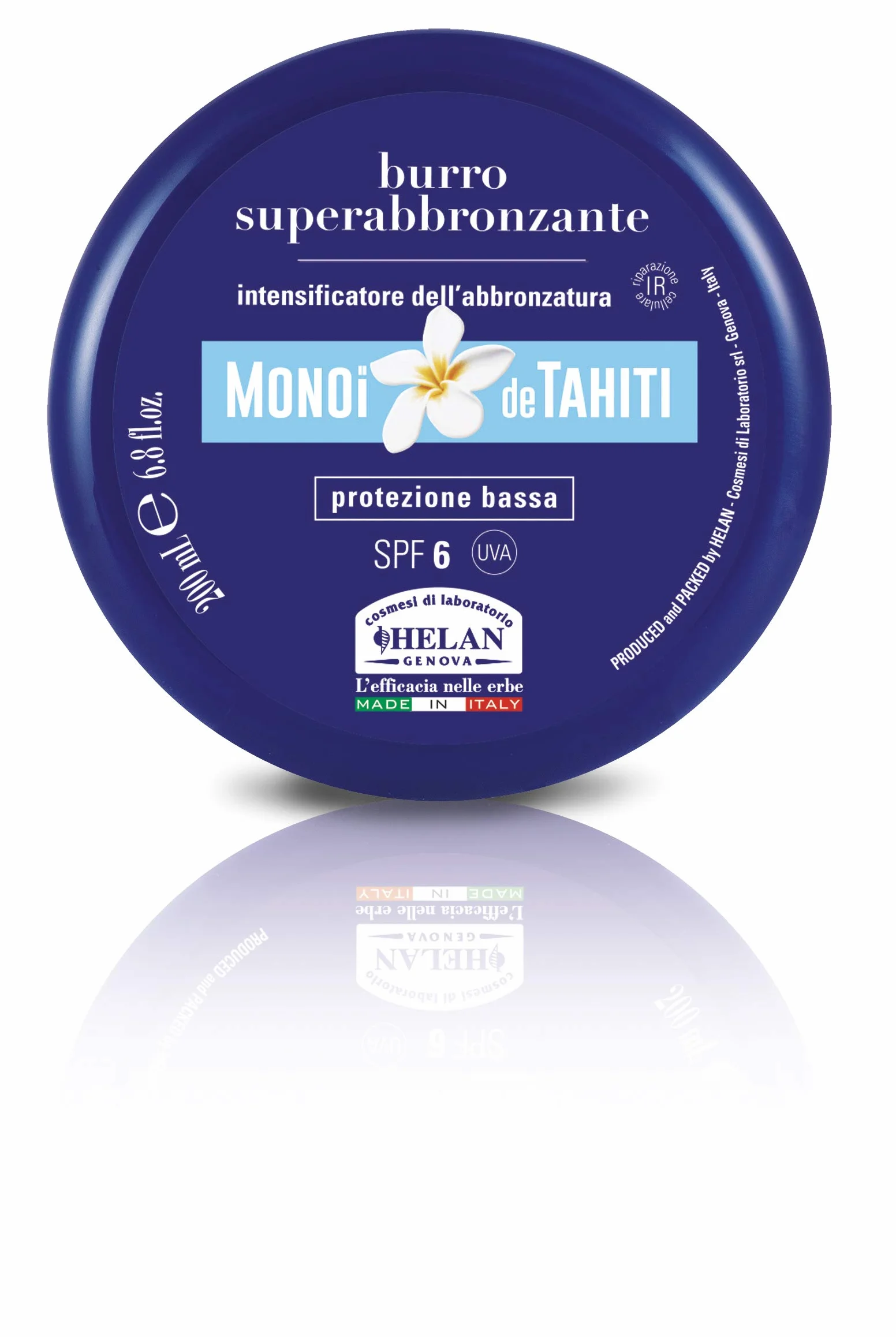 Helan, Monoi de Tahiti - Crema Abbronzante Corpo e Viso con Protezione Solare 6 Bassa, Burro Acceleratore e Attivatore Abbronzatura Protegge la Pelle, Unguento Super Abbronzante Intensificatore 200 ml