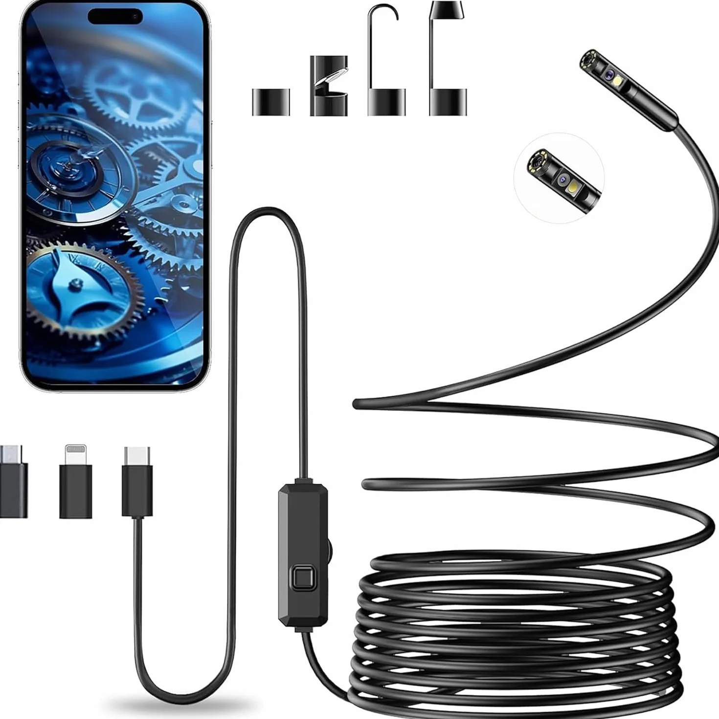 Endoscopio per Smartphone 1920P HD Doppia Lente IP68 Impermeabile con 8 LED Cavo Semirigido Compatibile iOS Android
