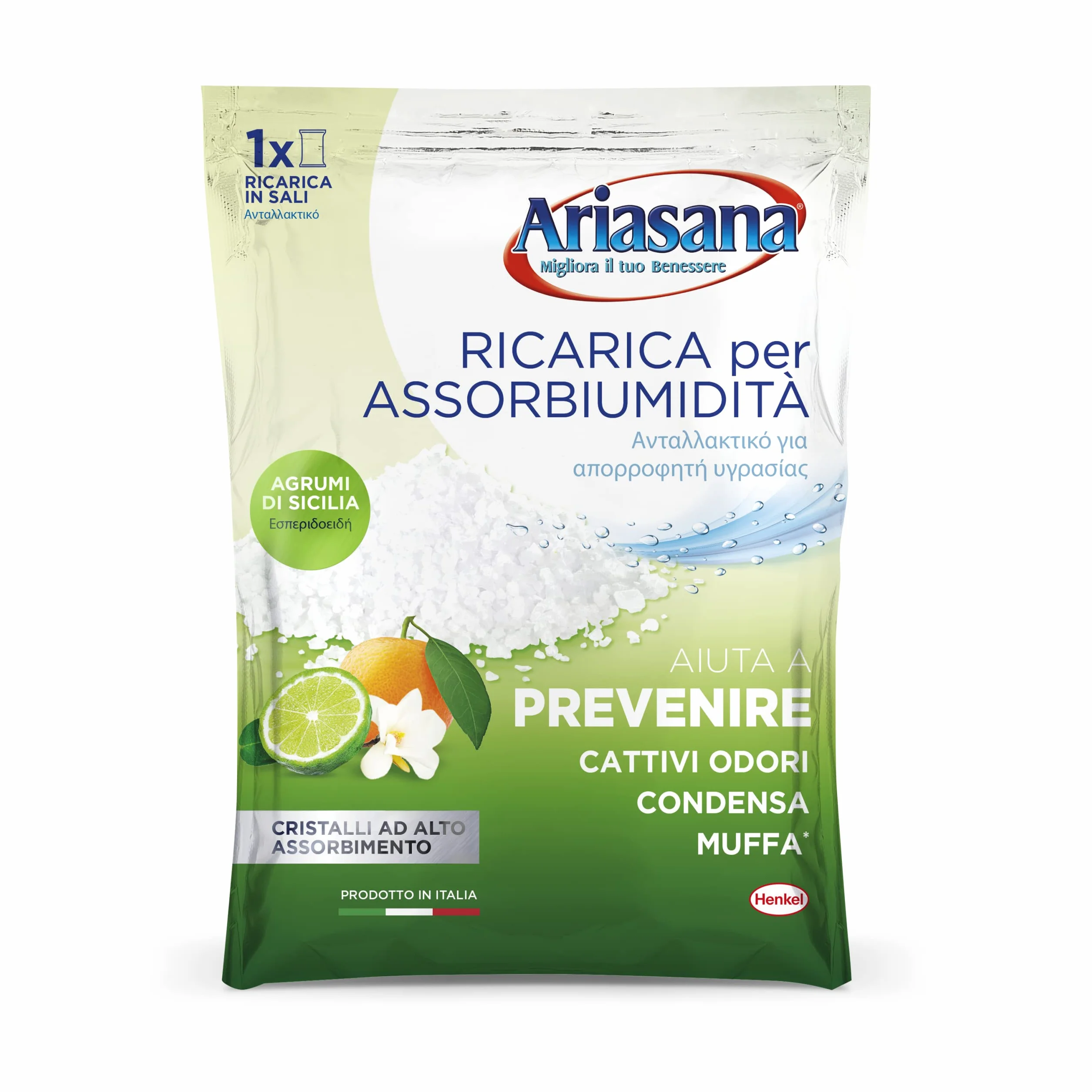 Ariasana Ricarica in Sali Assorbiumidità Fragranza Agrumi 1 Busta da 450 Grammi Assorbono Efficacemente l'Eccesso di Umidità