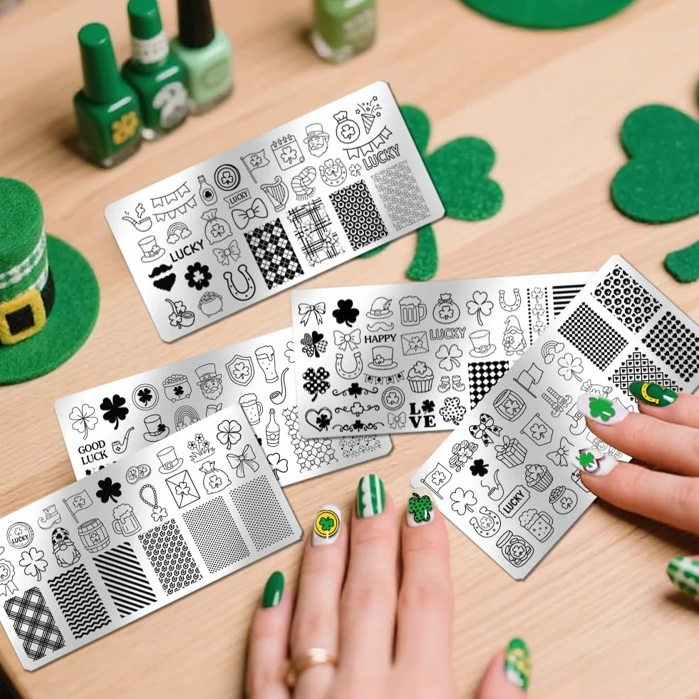 PH PandaHall 5 piastre per stamping per unghie di San Patrizio Lucky Shamrock Nails modelli artistici arcobaleno gnomo unghie immagine timbro trifoglio cappello unghie stencil arte per stampa fai da
