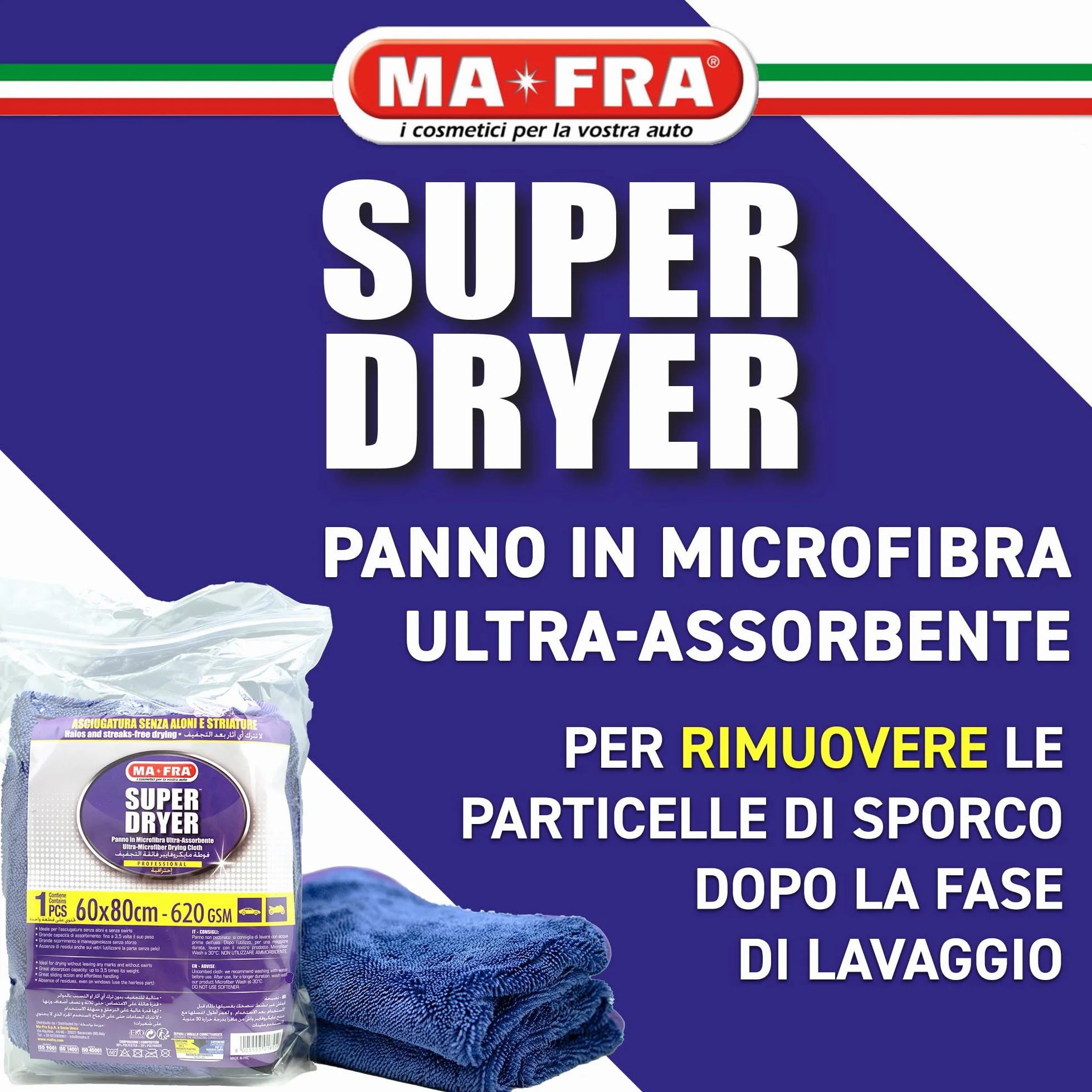 Ma-Fra Super Dryer Panno in Microfibra Ultra-Assorbente 60x80cm Asciugatura Auto