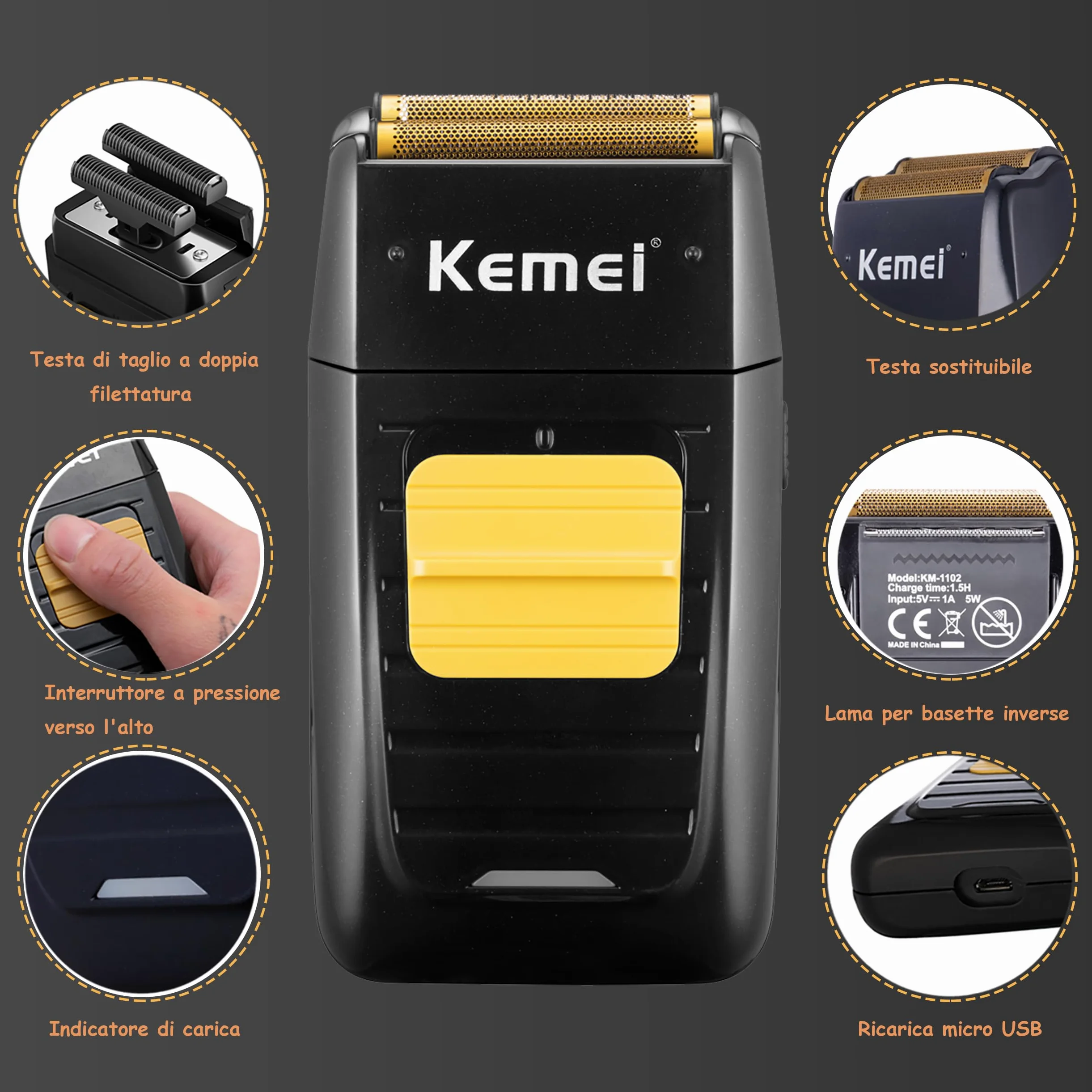 Kemei Rasoio elettrico da uomo - Rasoio per capelli professionale senza spazio - Rasoio a testa calva senza fili - 1102+2299