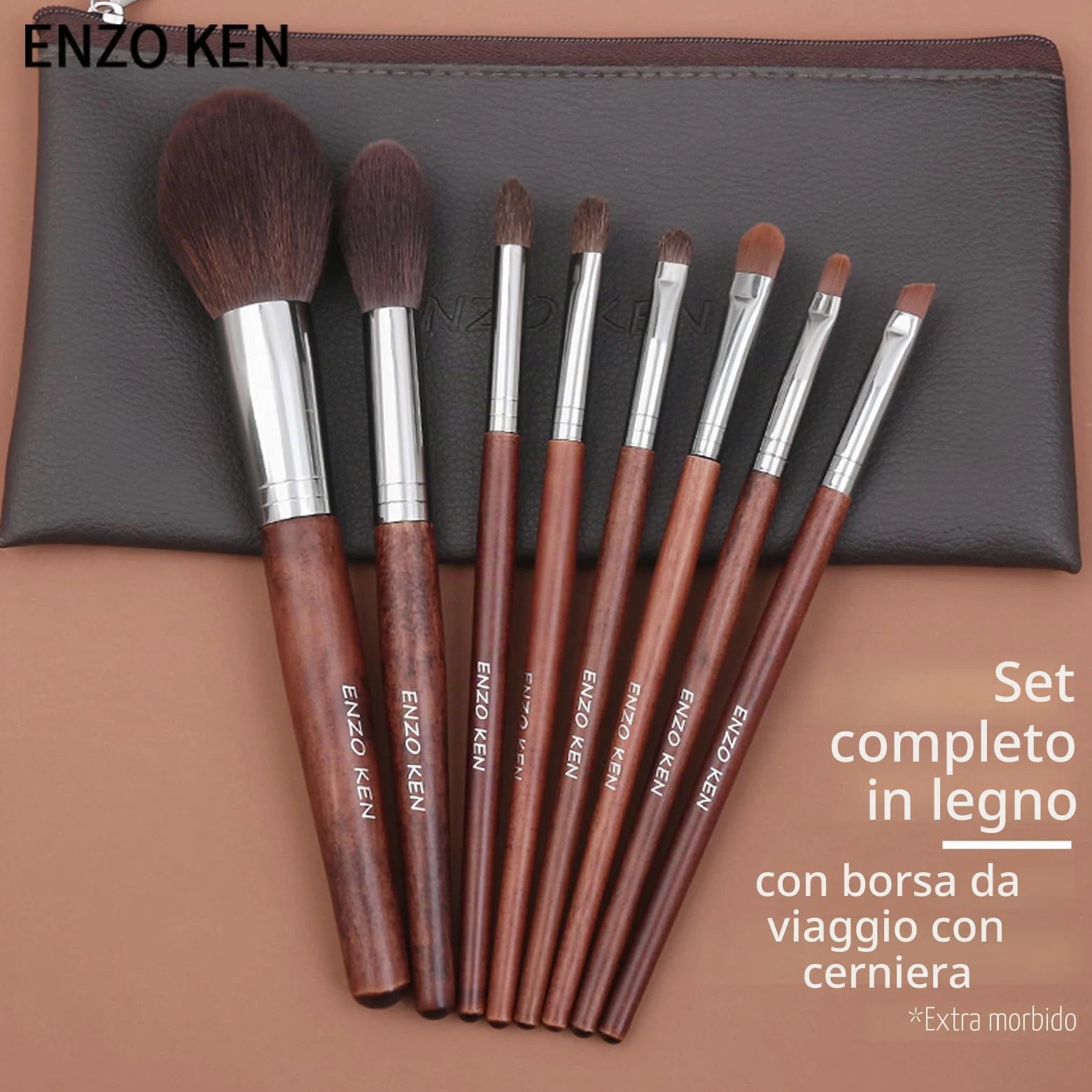 ENZO KEN - Set di pennelli professionali per trucco, con crini di cavallo naturali, con custodia, lussuosi, in legno, pennelli da trucco con setole naturali