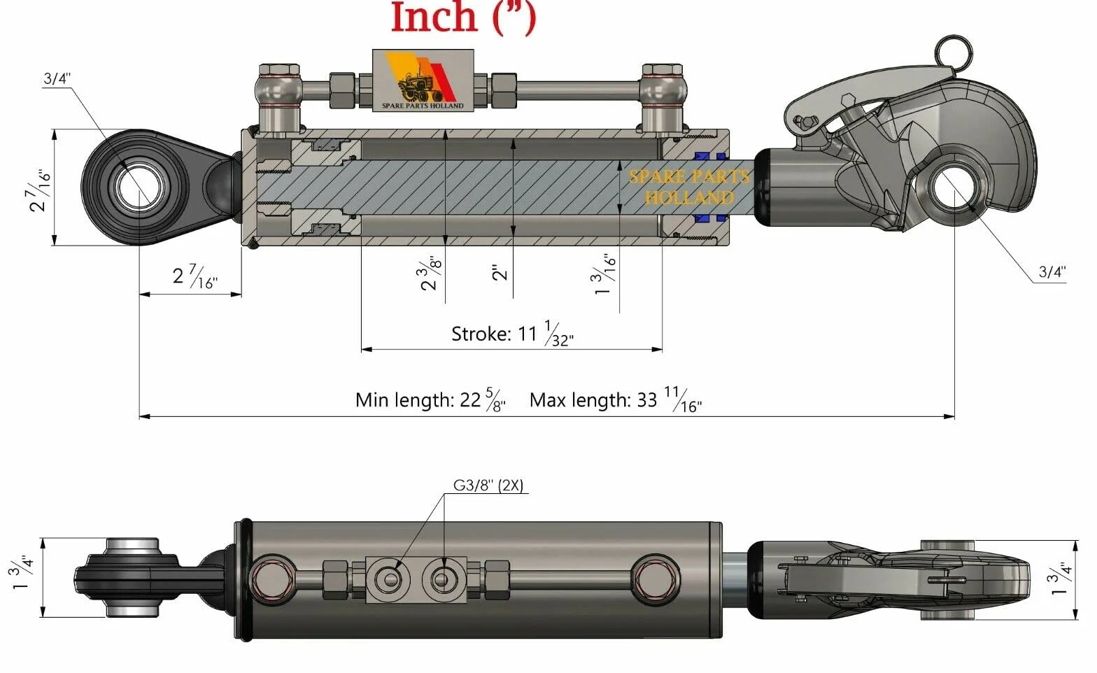 Terzo punto idraulico per trattore CAT 1 22 5/8" - 33 11/16" Blocco Bloccaggio Tubi Corsa 11 1/32"