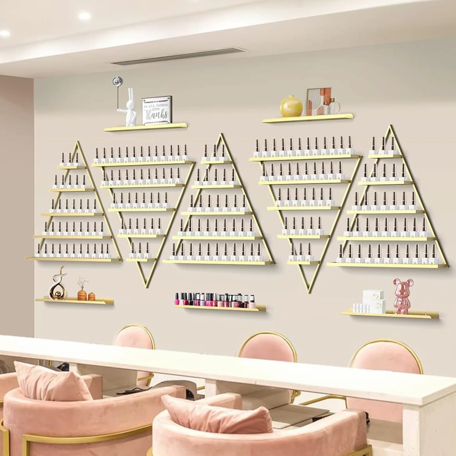 5 Set di 5 scaffali per smalto a triangoli in metallo, organizer da parete con 5 livelli, scaffale per smalto per unghie, profumo, rossetto, oli essenziali, oro