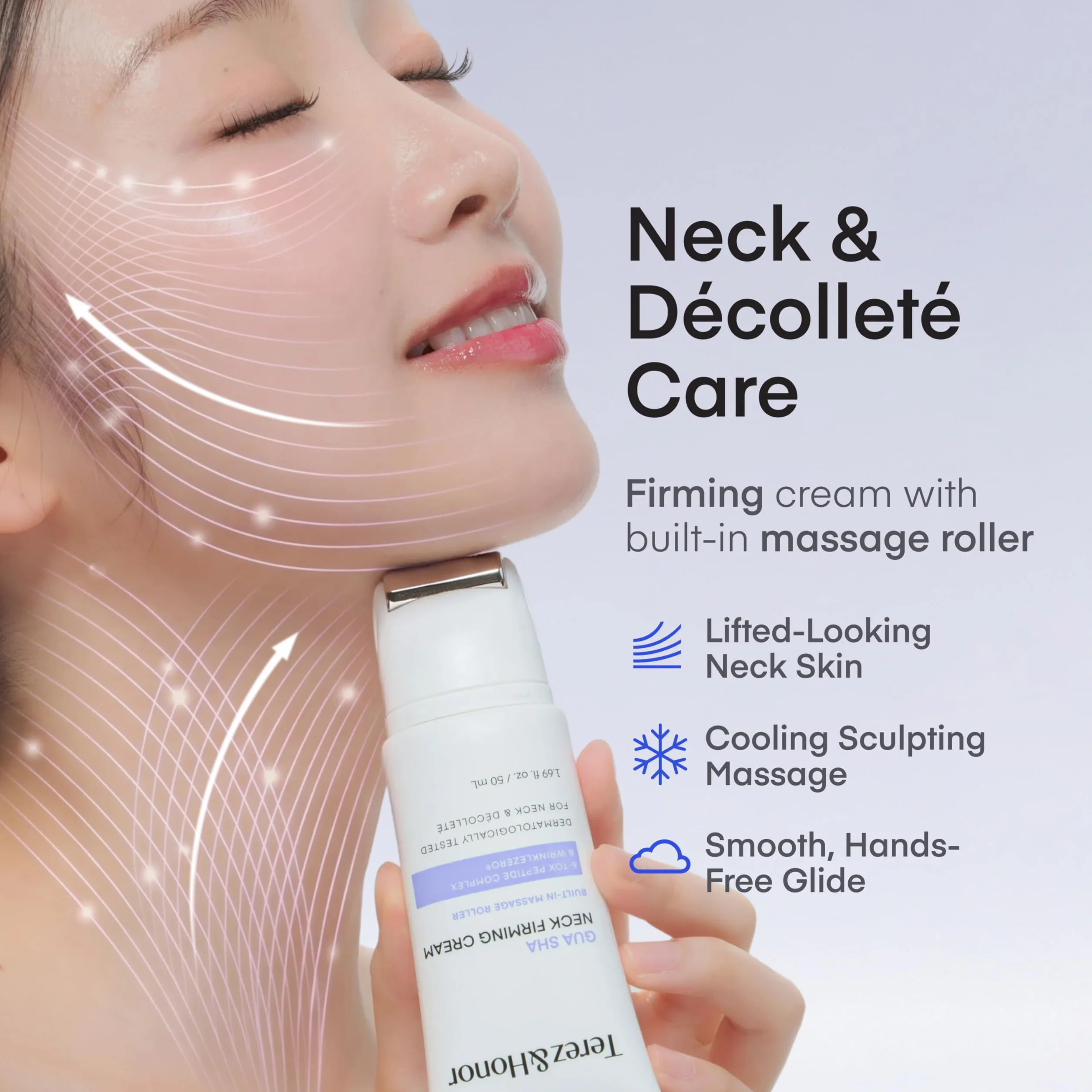 TEREZ & HONOR Gua Sha Neck Firming Cream: Korean Skin Care, Retinol, Collagen & GHK-CU Copper Peptide - Tightening & Lifting for Neck, Face & Décolleté with Built-In Massage Roller 50mL