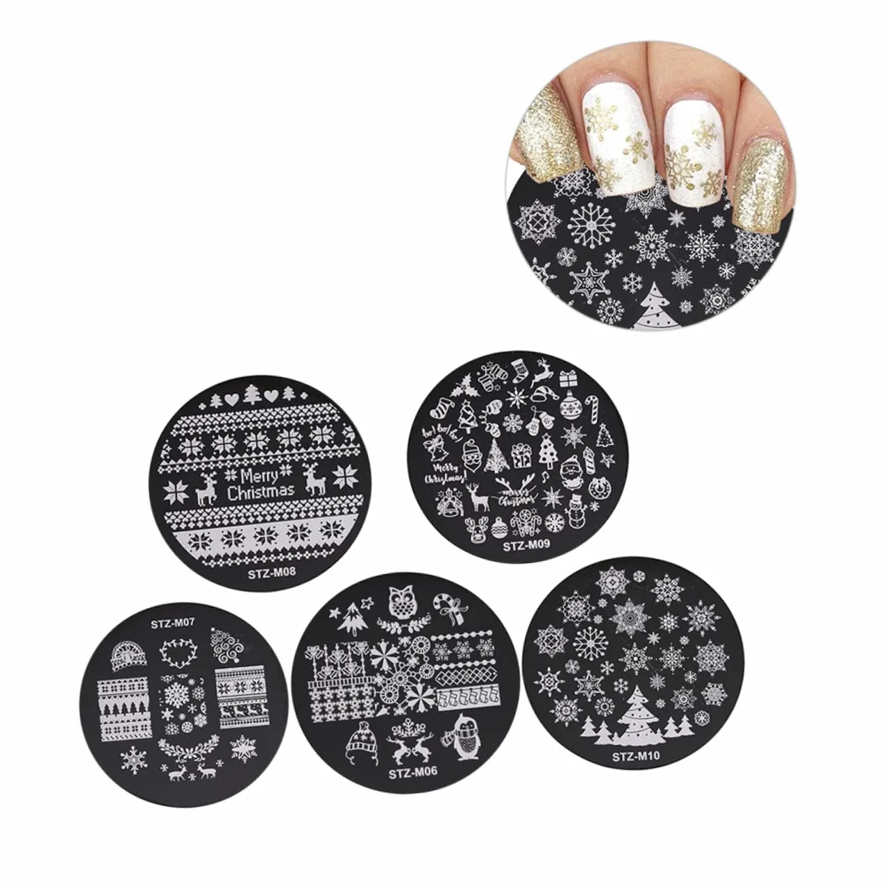 POPETPOP 5pezzi Stampo Per Unghie Natalizio Piastra Rotonda Per Stamping Nail Art Kit Stencil Per Unghie Design Elegante in Metallo Lucido