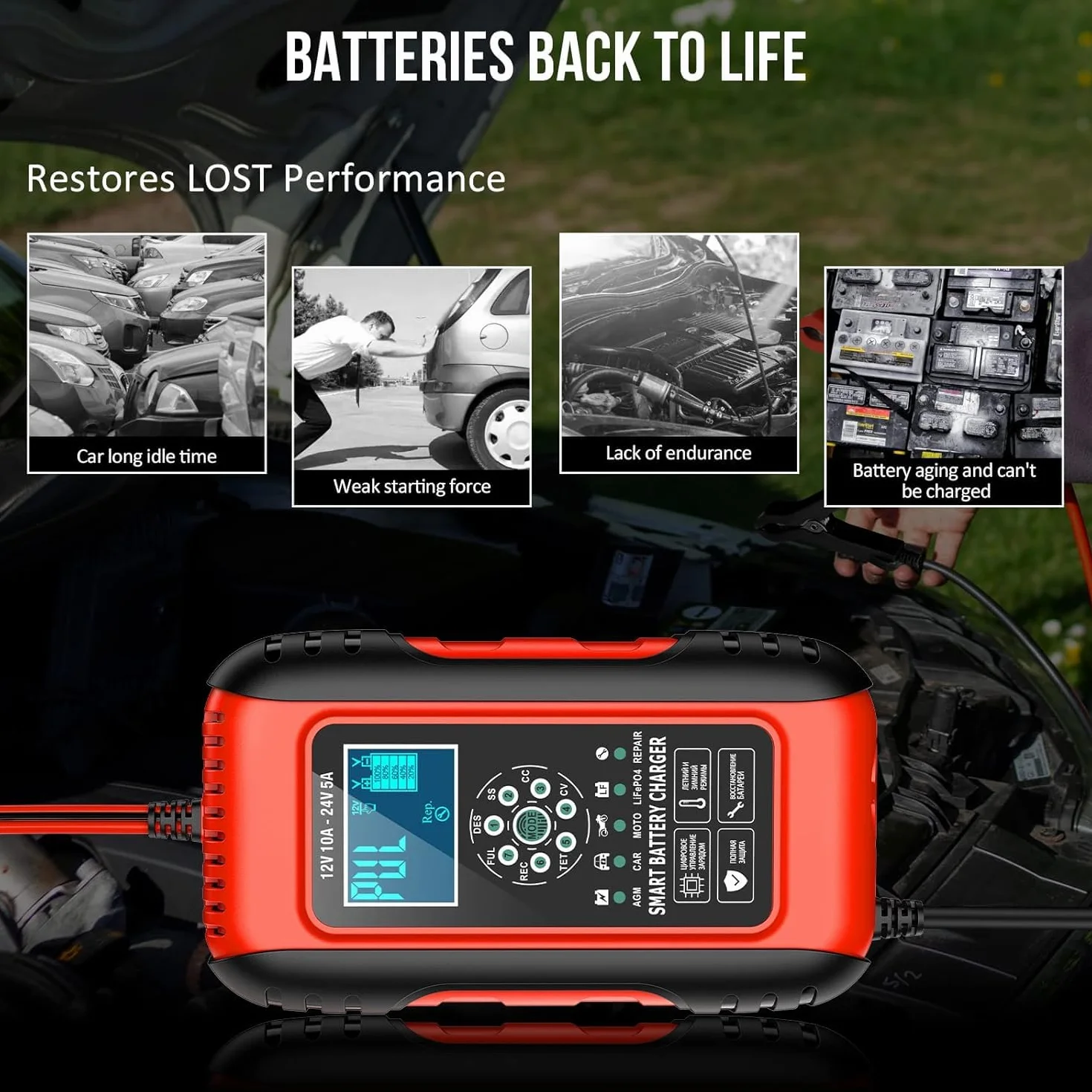 Caricabatteria da Auto 12V10A 24V5A, Intelligente Schermo LCD Carica Batteria Moto, AGM, LiFePO4