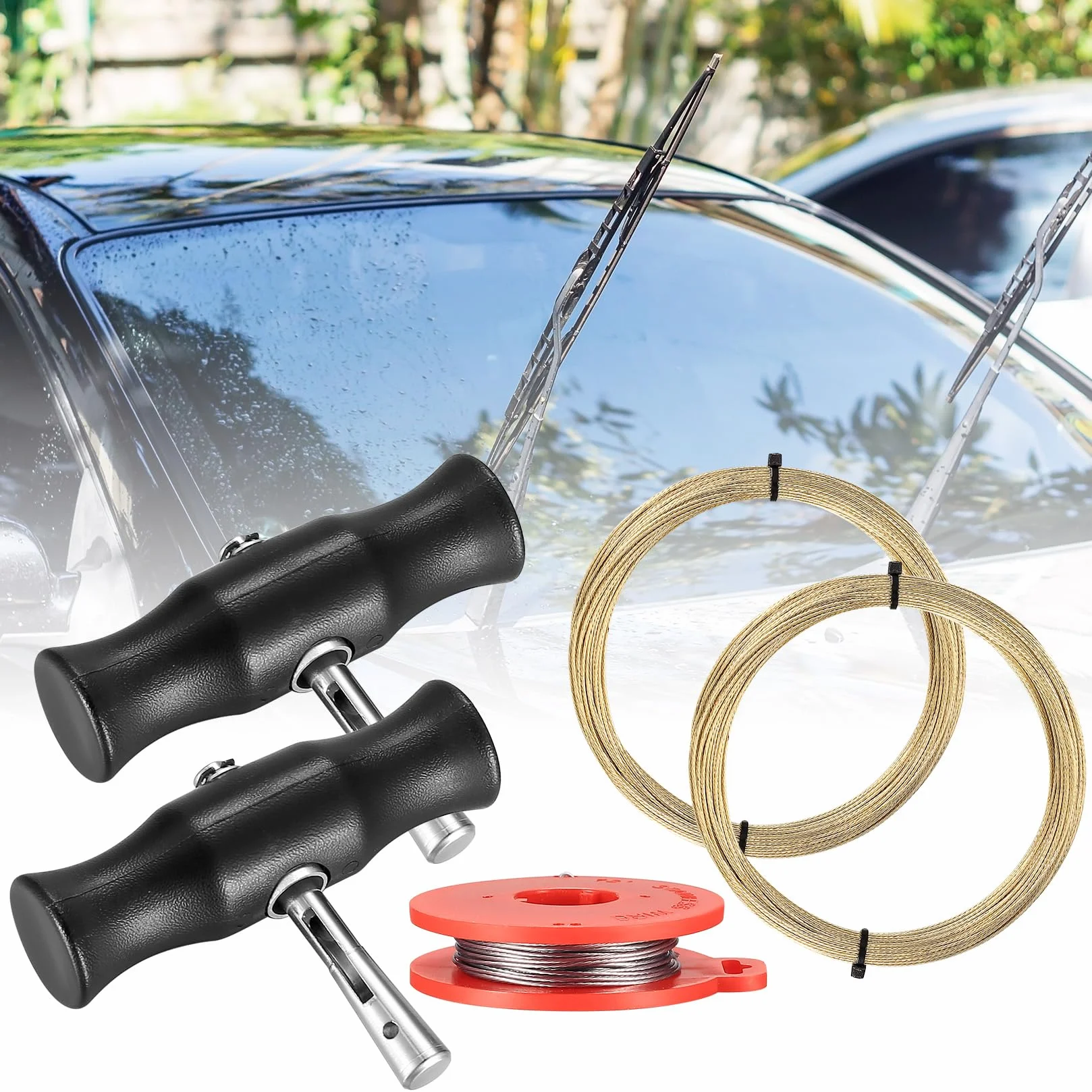 Kit Rimozione Parabrezza Auto 5 Strumenti: 2 Manici Filo Taglio 3 Rotoli Filo