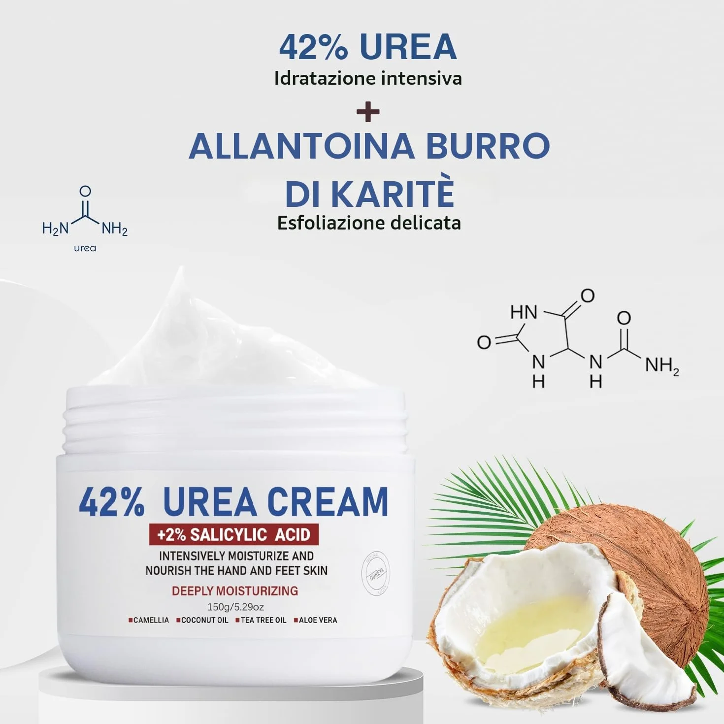 OUKEYA Crema Urea 42% Acido 2% per Piedi Mani Corpo Secco Screpolato, Rimuove Calli Duroni