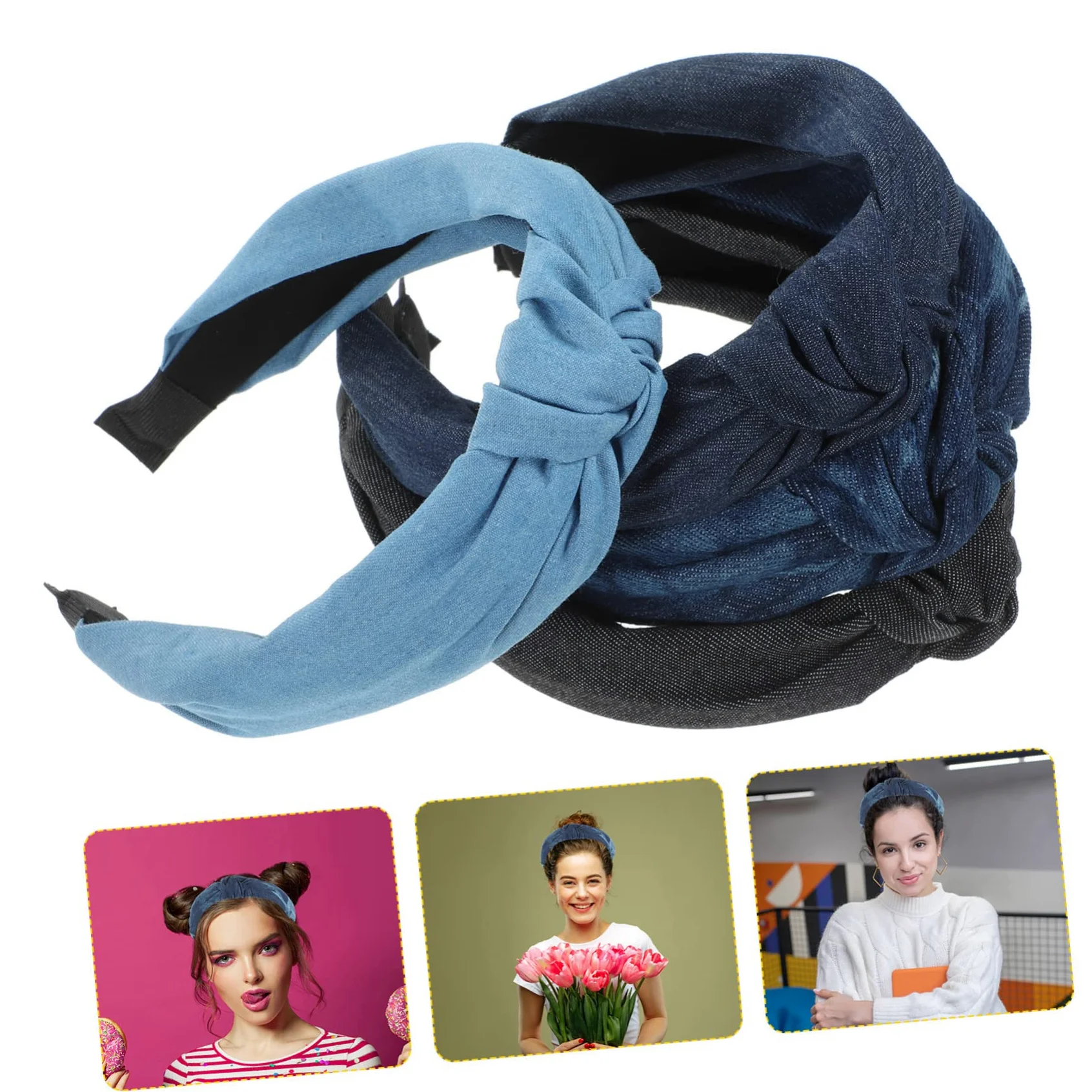 FRCOLOR 8pezzi Fasce Con Nodo Denim Per Donne Accessori Eleganti Per Comodi e Versatili Per Ogni Occasione Per Attività All Aperto e Makeup