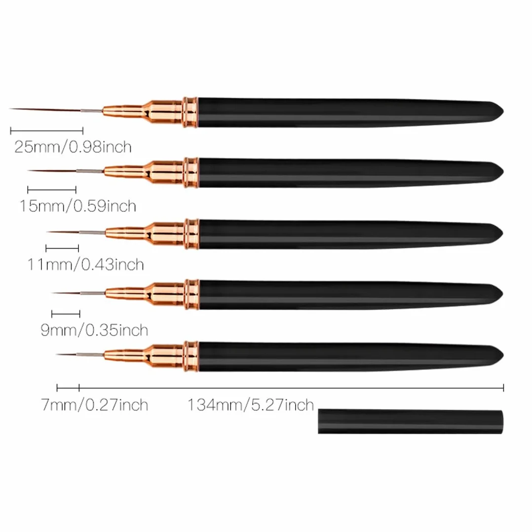 5 Pezzi Pennelli Per Unghie,Pennello Sottile Nail Art Pennelli Set,Pennelli Per Nail Art,Per Disegnare Linee Fini Attrezzo(Nero,7/9/11/15/25 Mm)